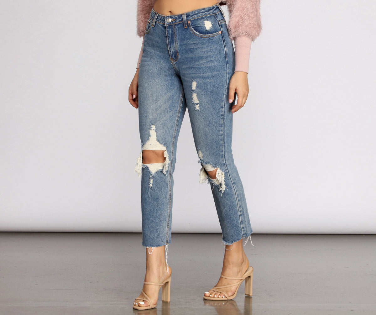 High Waist Distressed Denim Pants - Lady Occasions