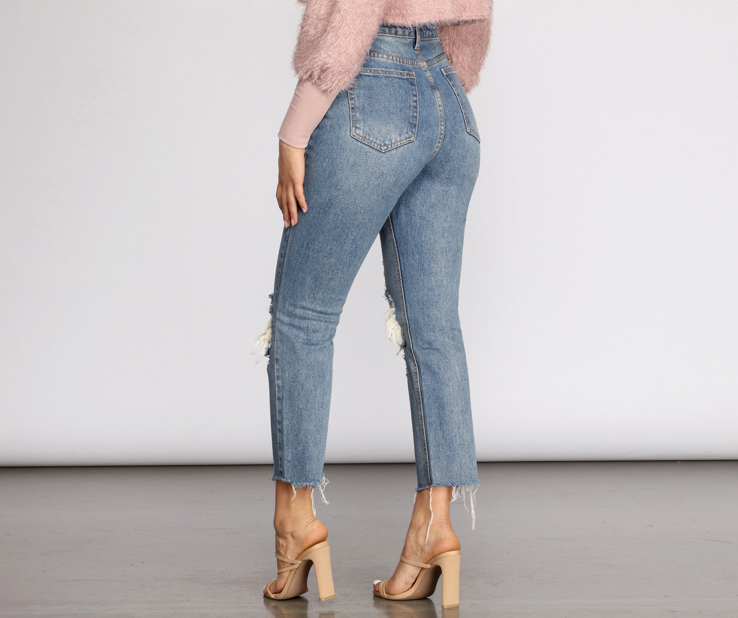 High Waist Distressed Denim Pants - Lady Occasions