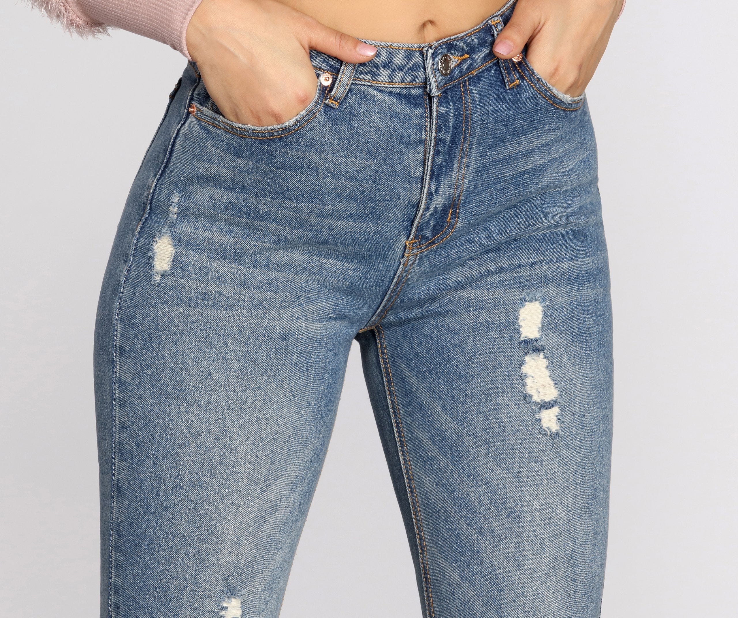 High Waist Distressed Denim Pants - Lady Occasions