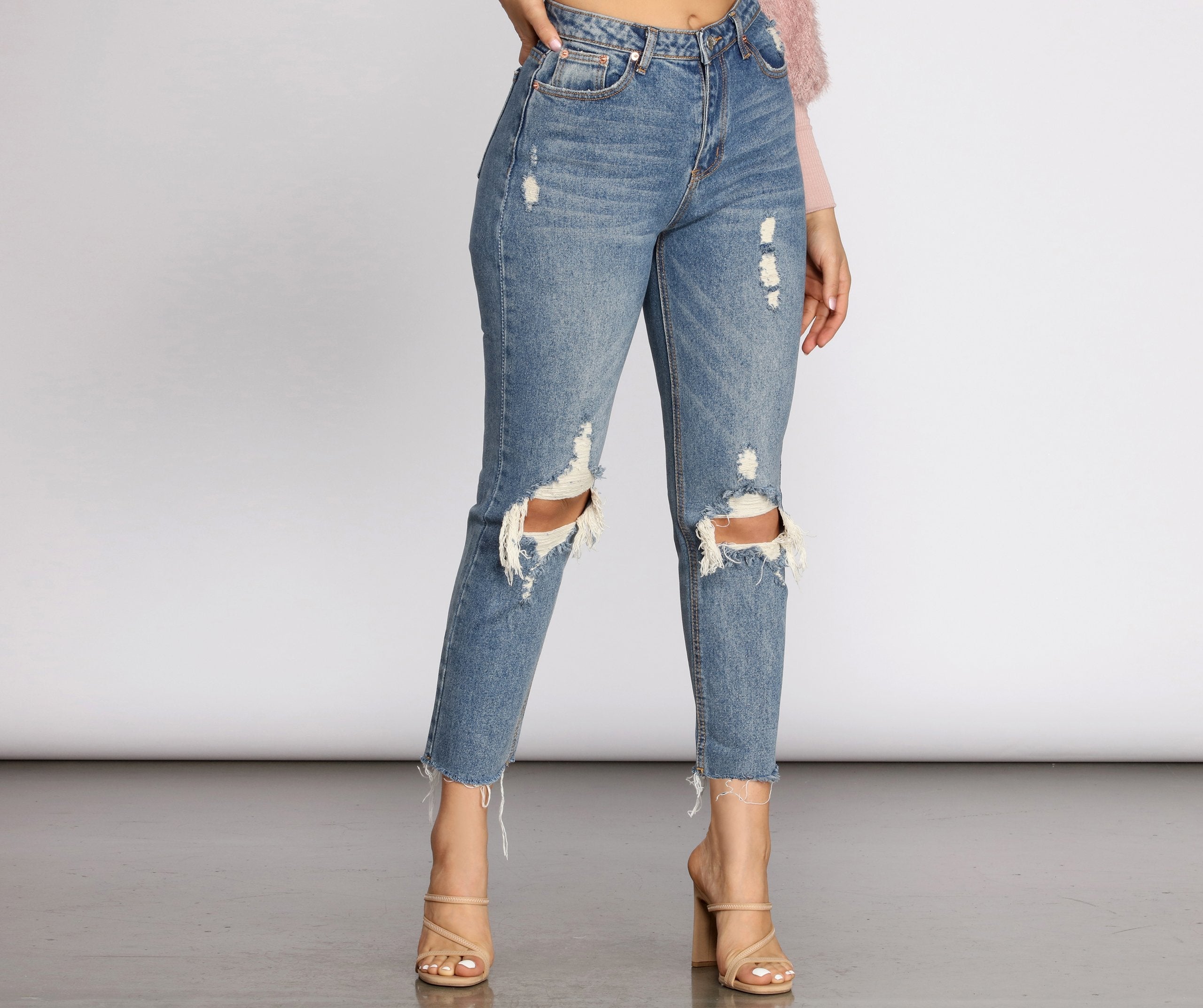 High Waist Distressed Denim Pants - Lady Occasions