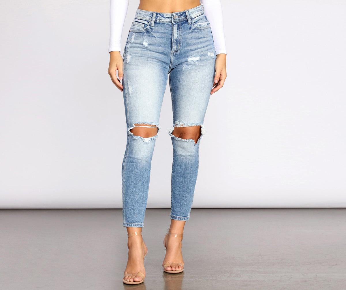 High Rise Destructed Mom Skinny Jeans - Lady Occasions