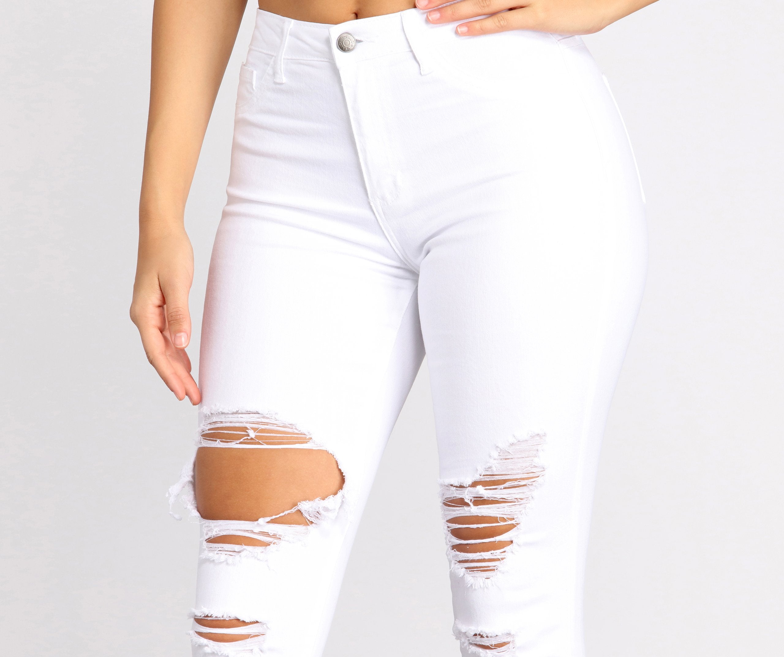 High Rise Destructed Denim Skinny Jeans - Lady Occasions