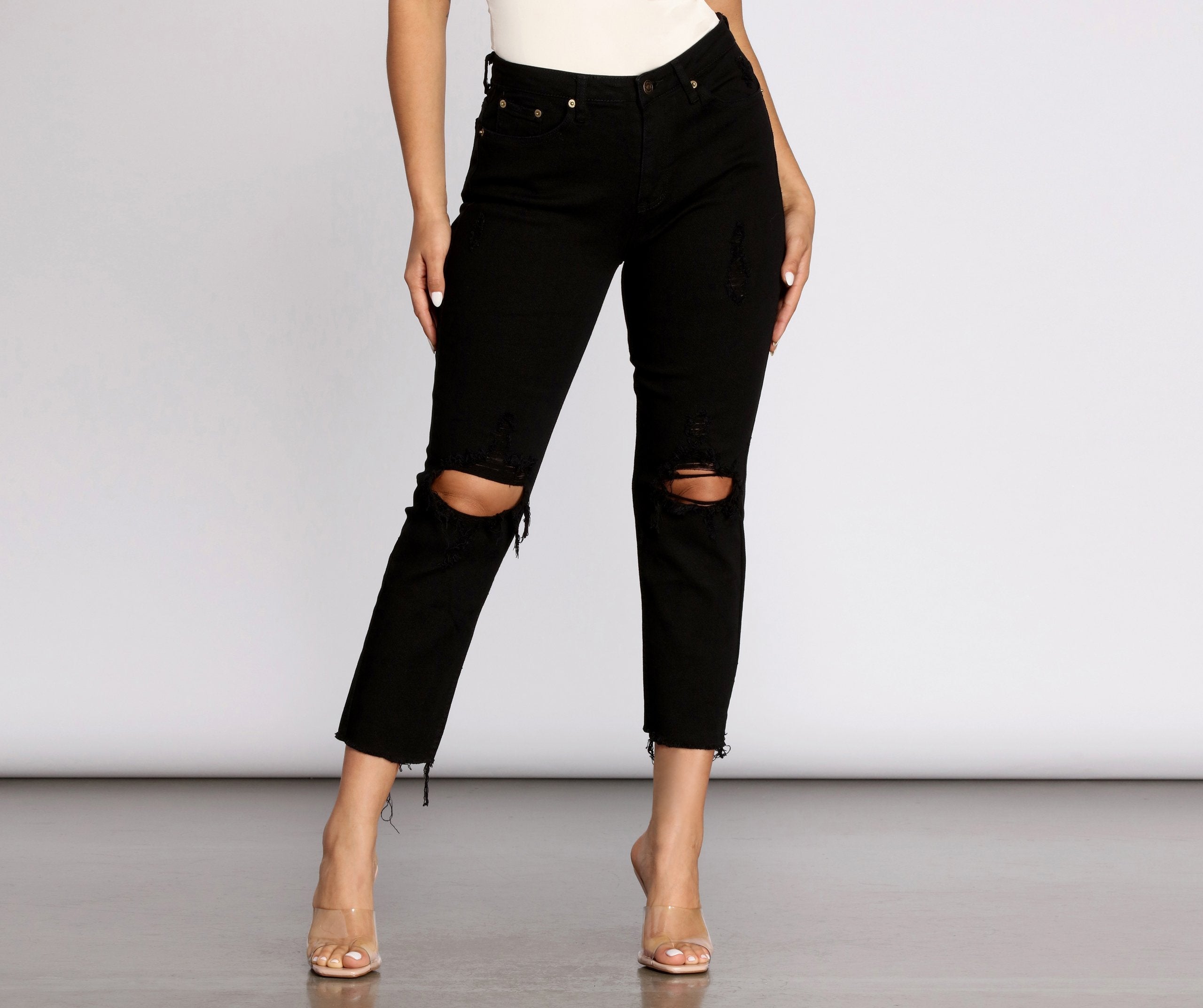 High Waist Distressed Denim Pants - Lady Occasions