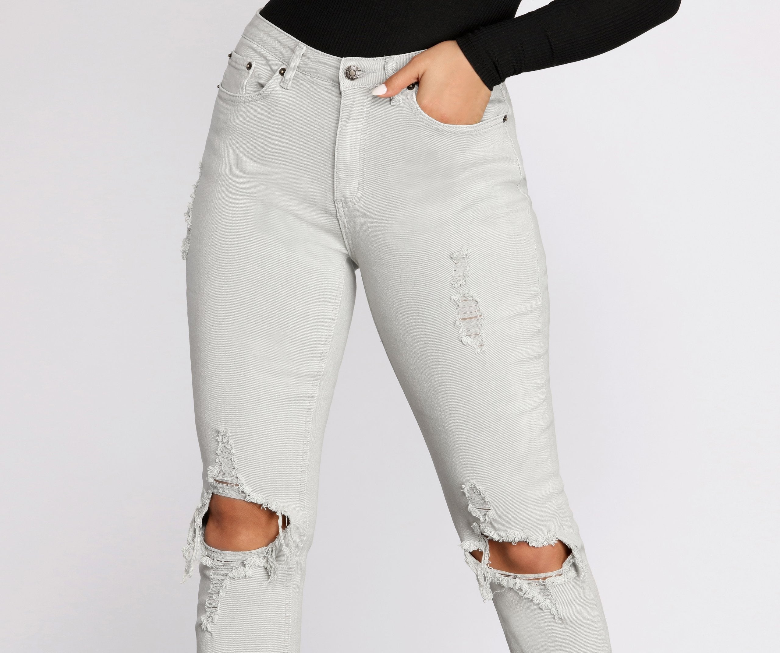 High Waist Distressed Denim Pants - Lady Occasions