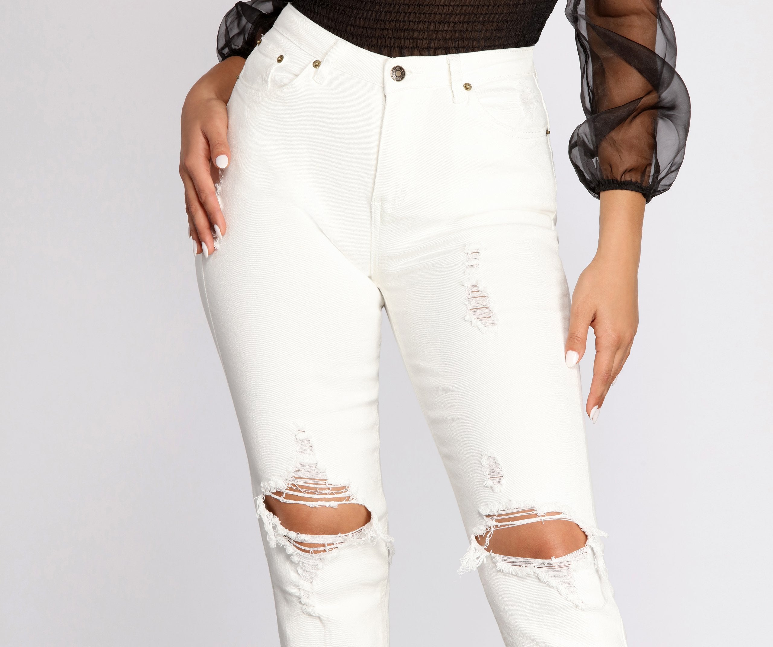 High Waist Distressed Denim Pants - Lady Occasions