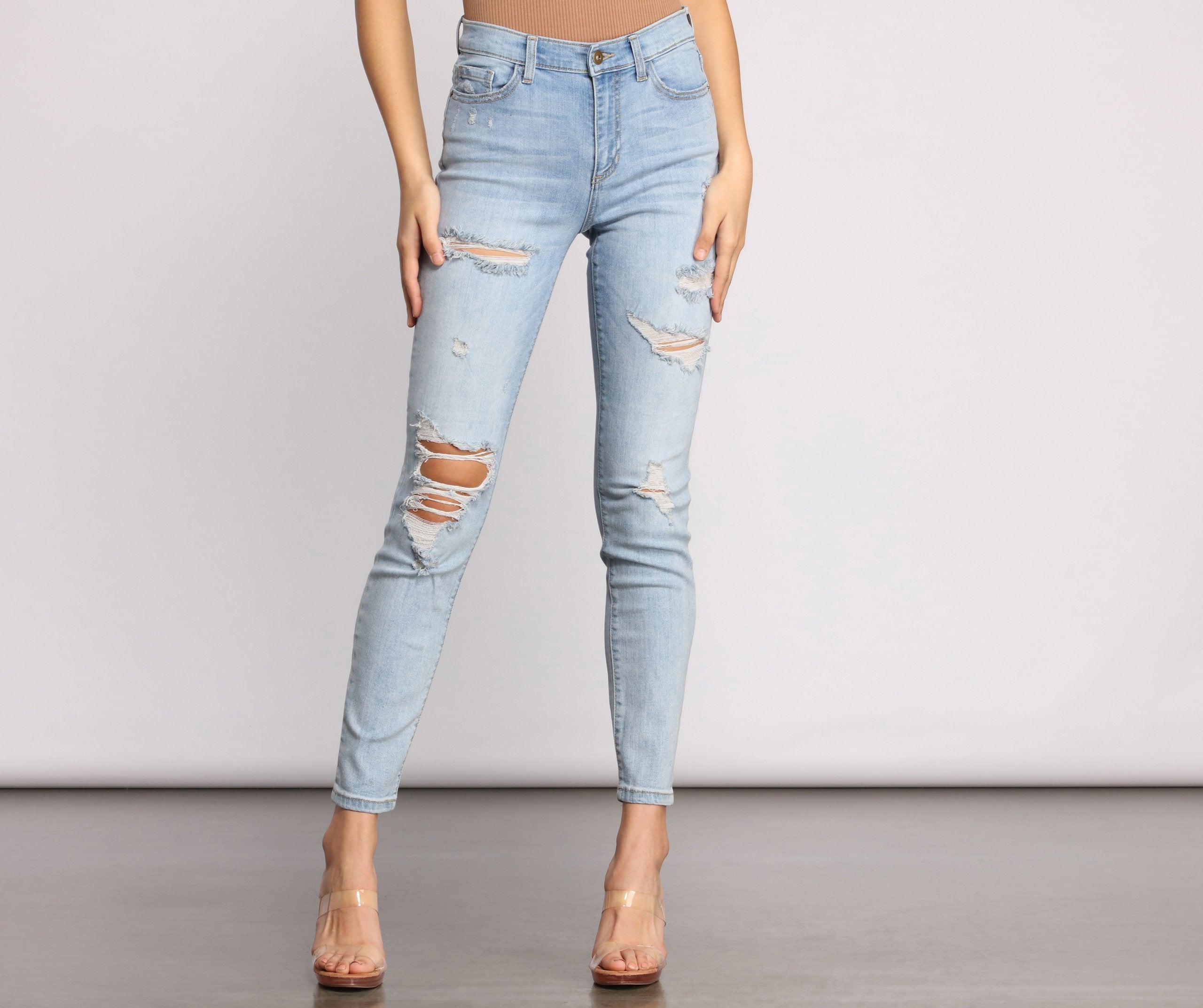 Mid Rise Destructed Skinny Jeans - Lady Occasions