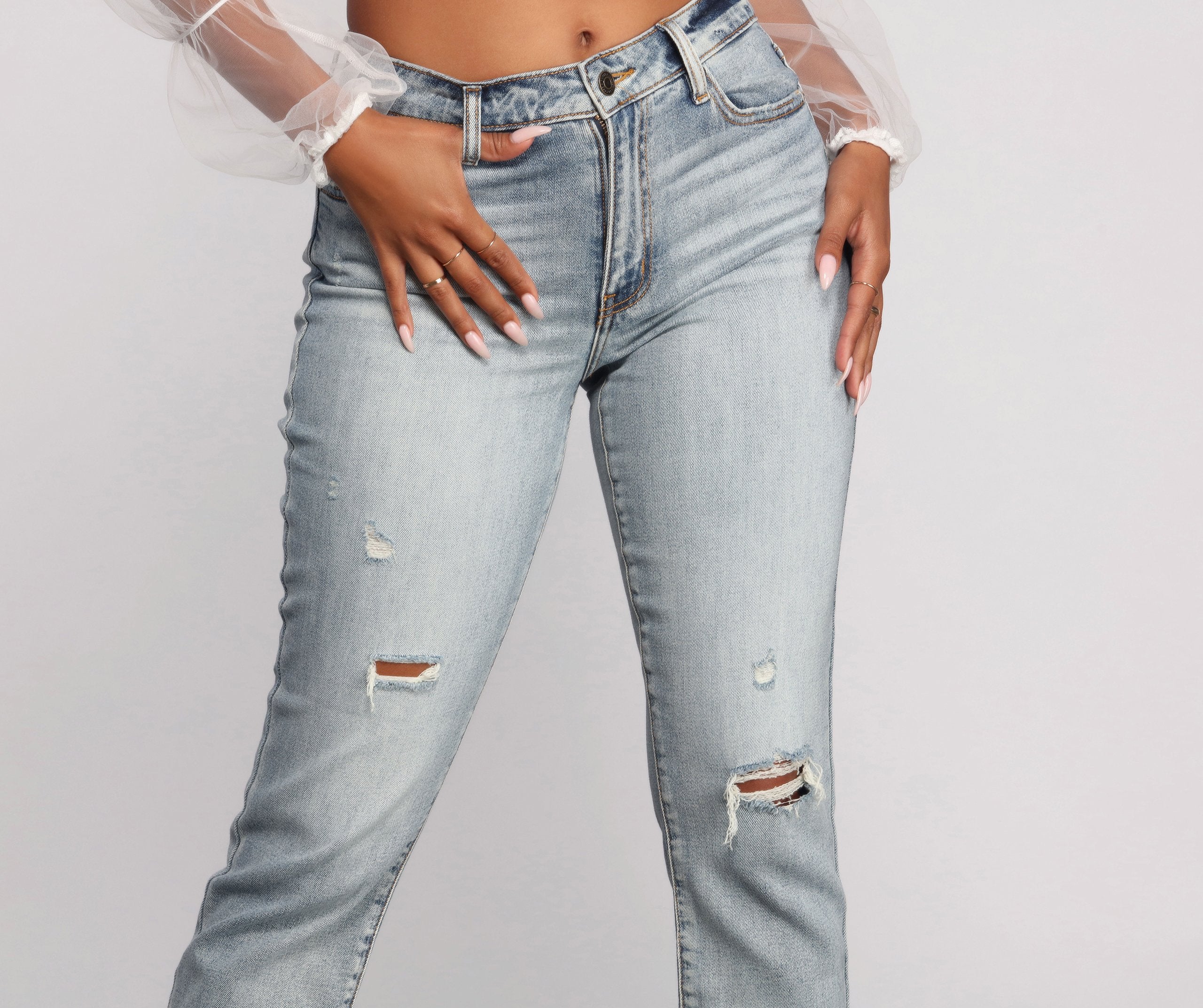 Ally High Rise Destructed Mom Jeans - Lady Occasions