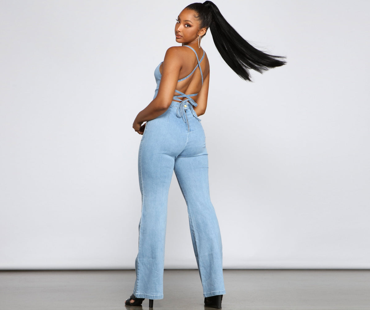 Retro Icon Lace Up Denim Jumpsuit - Lady Occasions