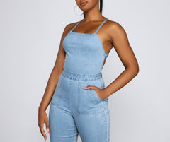 Retro Icon Lace Up Denim Jumpsuit - Lady Occasions