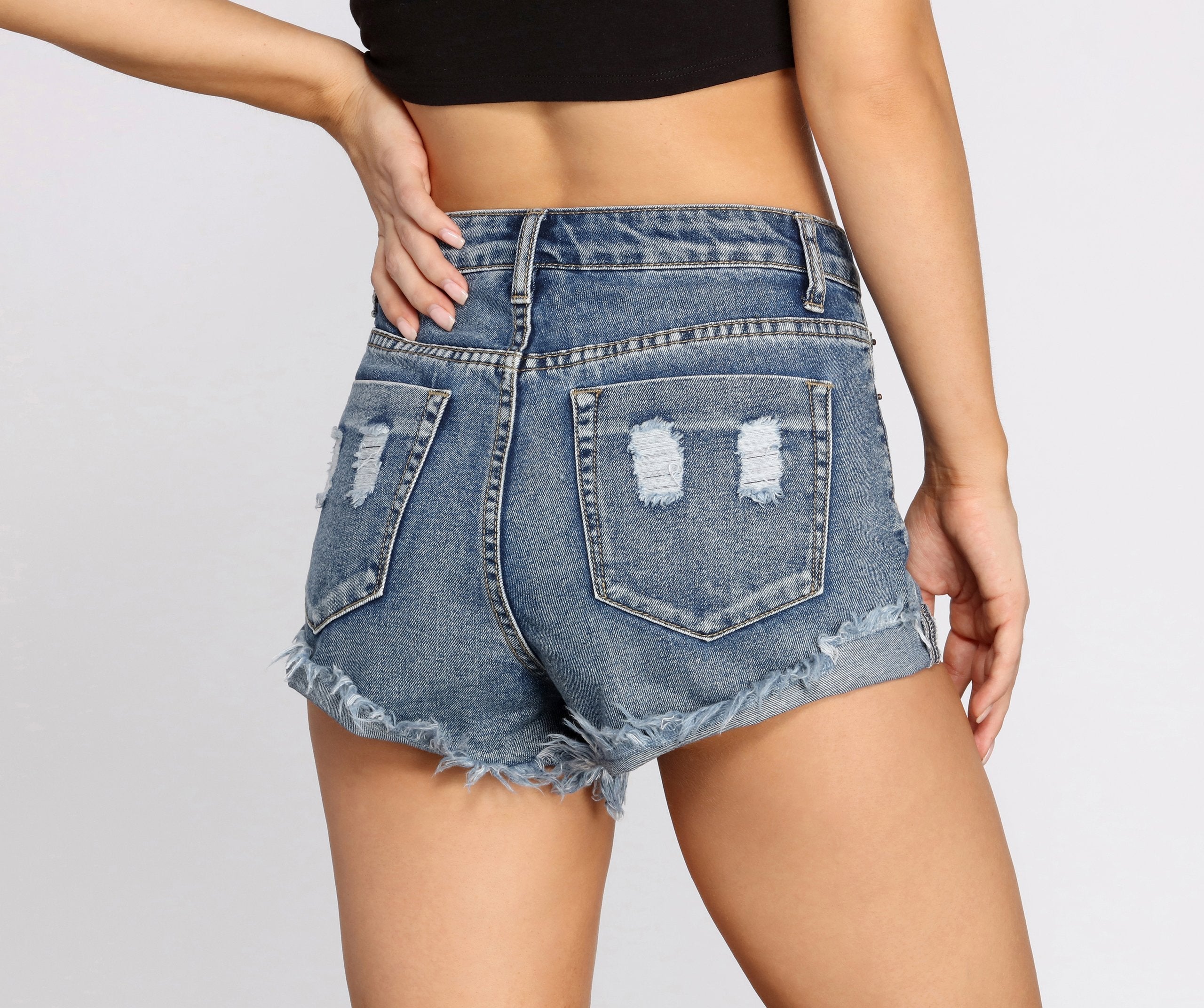 High Rise Destructed Cuffed Jean Shorts - Lady Occasions