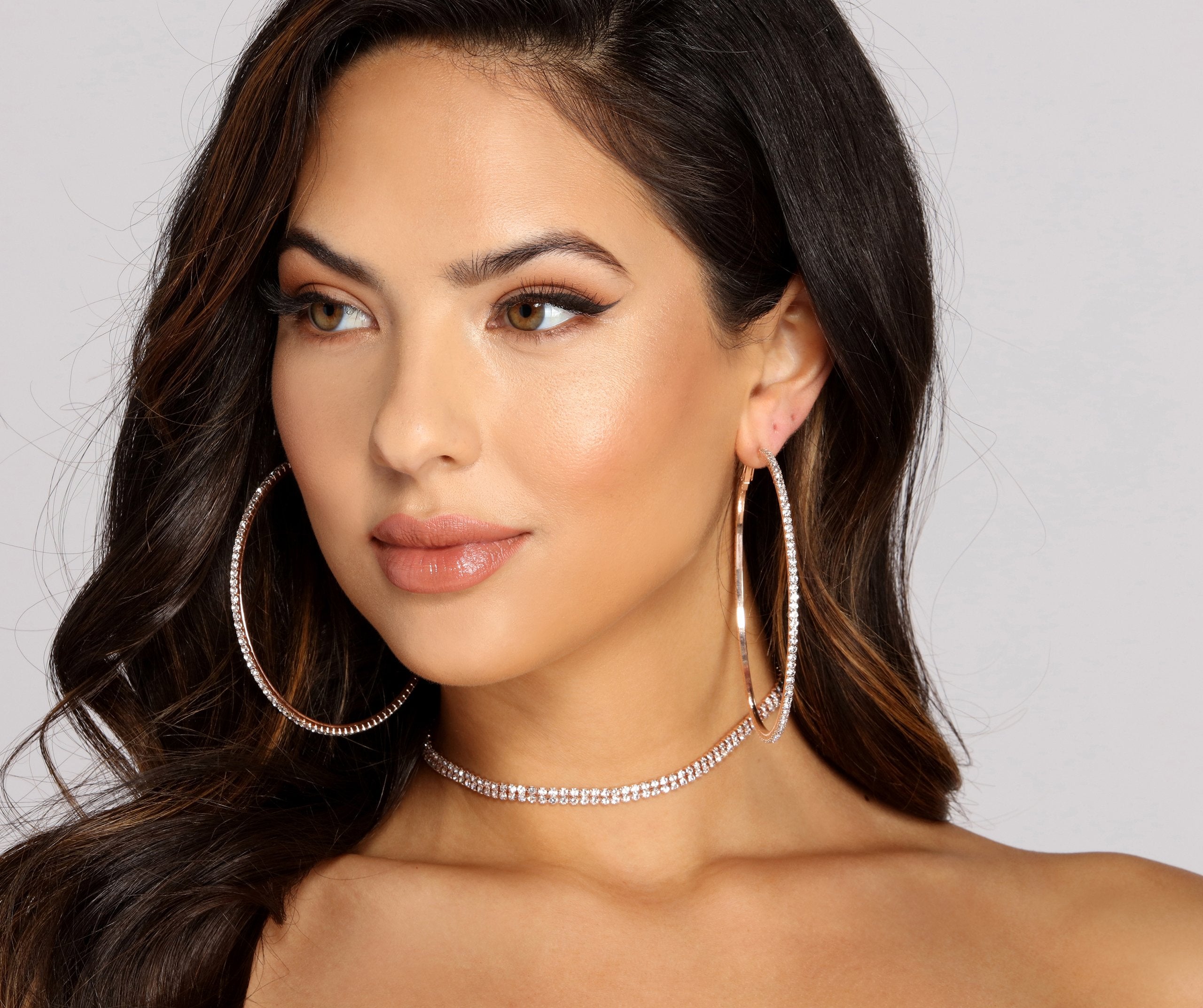 Rhinestone Choker + Hoop Earring Set - Lady Occasions