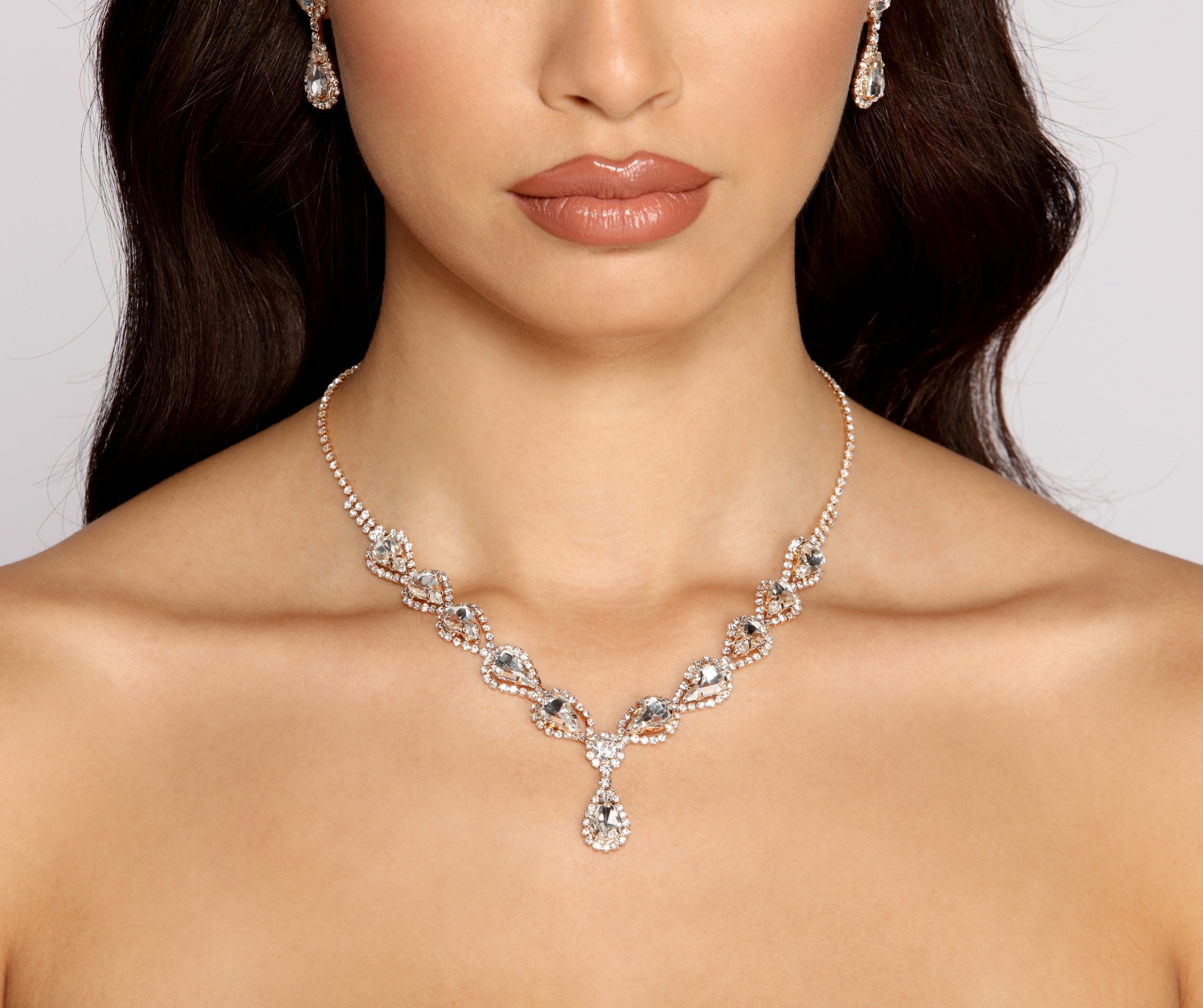 Radiant Beauty Rhinestone Necklace And Earring Set - Lady Occasions