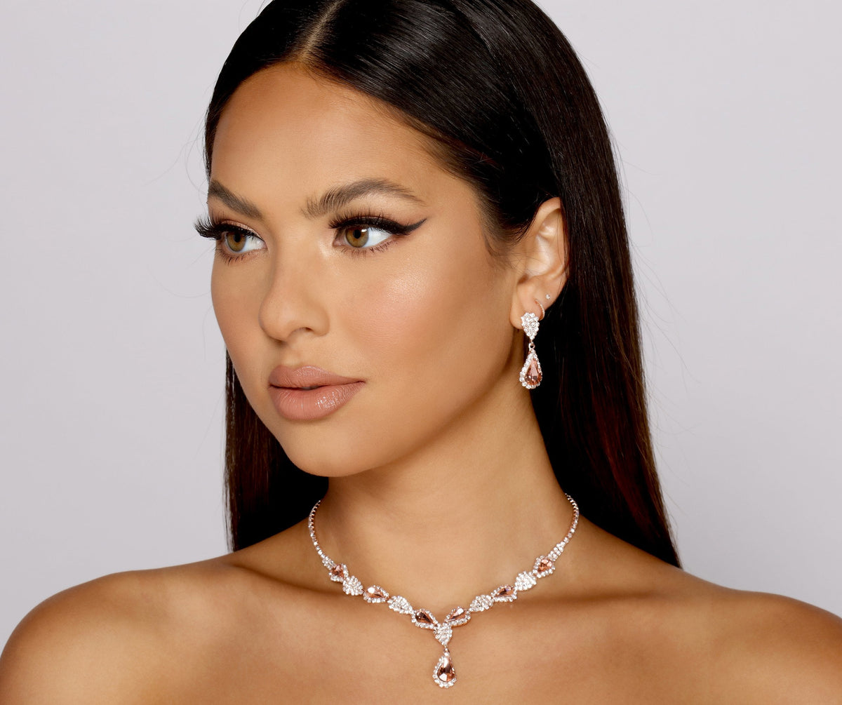 Reign The Night Rhinestone Tear Drop Necklace Set - Lady Occasions