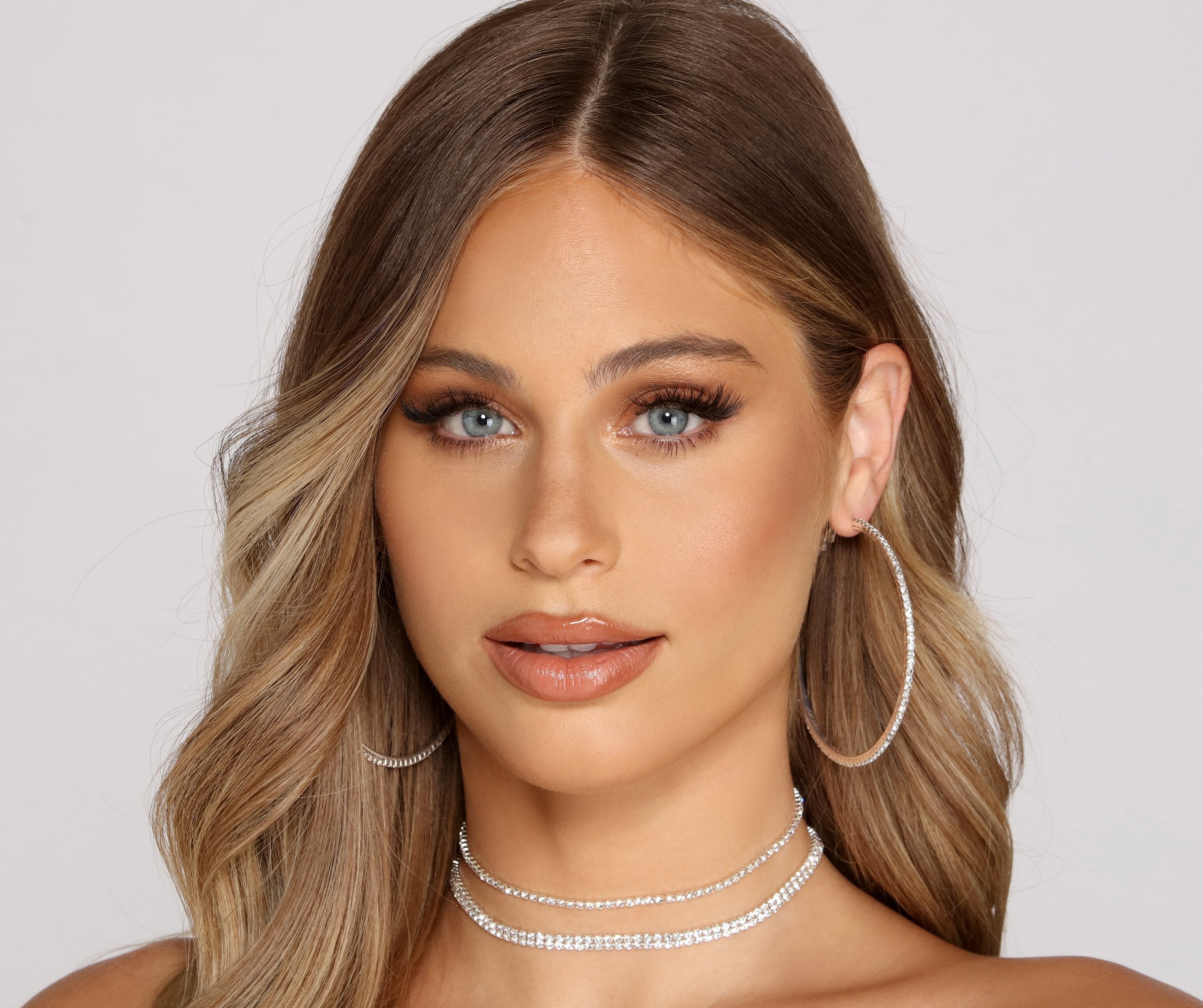 Rhinestone Luxe Multi Choker And Hoops Set - Lady Occasions