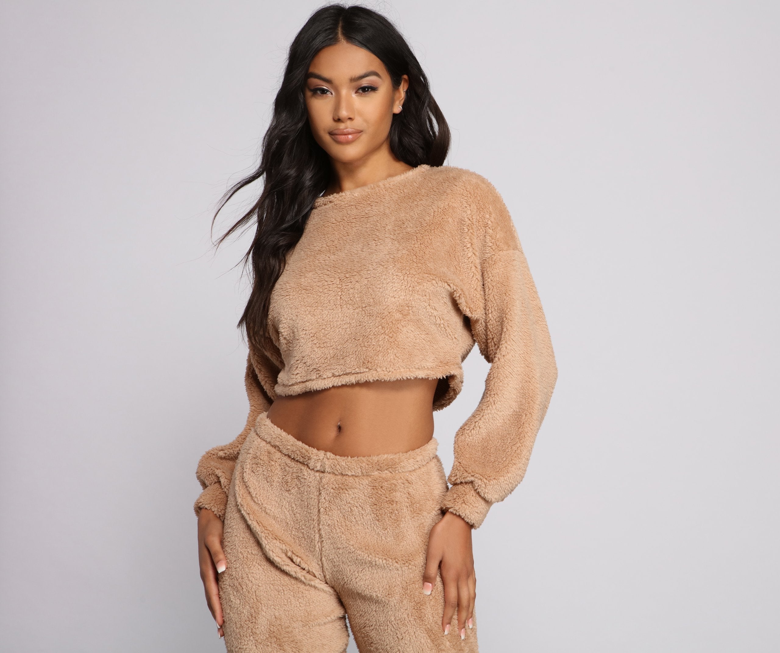 Cozy Cutie Sherpa Pajama Crop Top - Lady Occasions