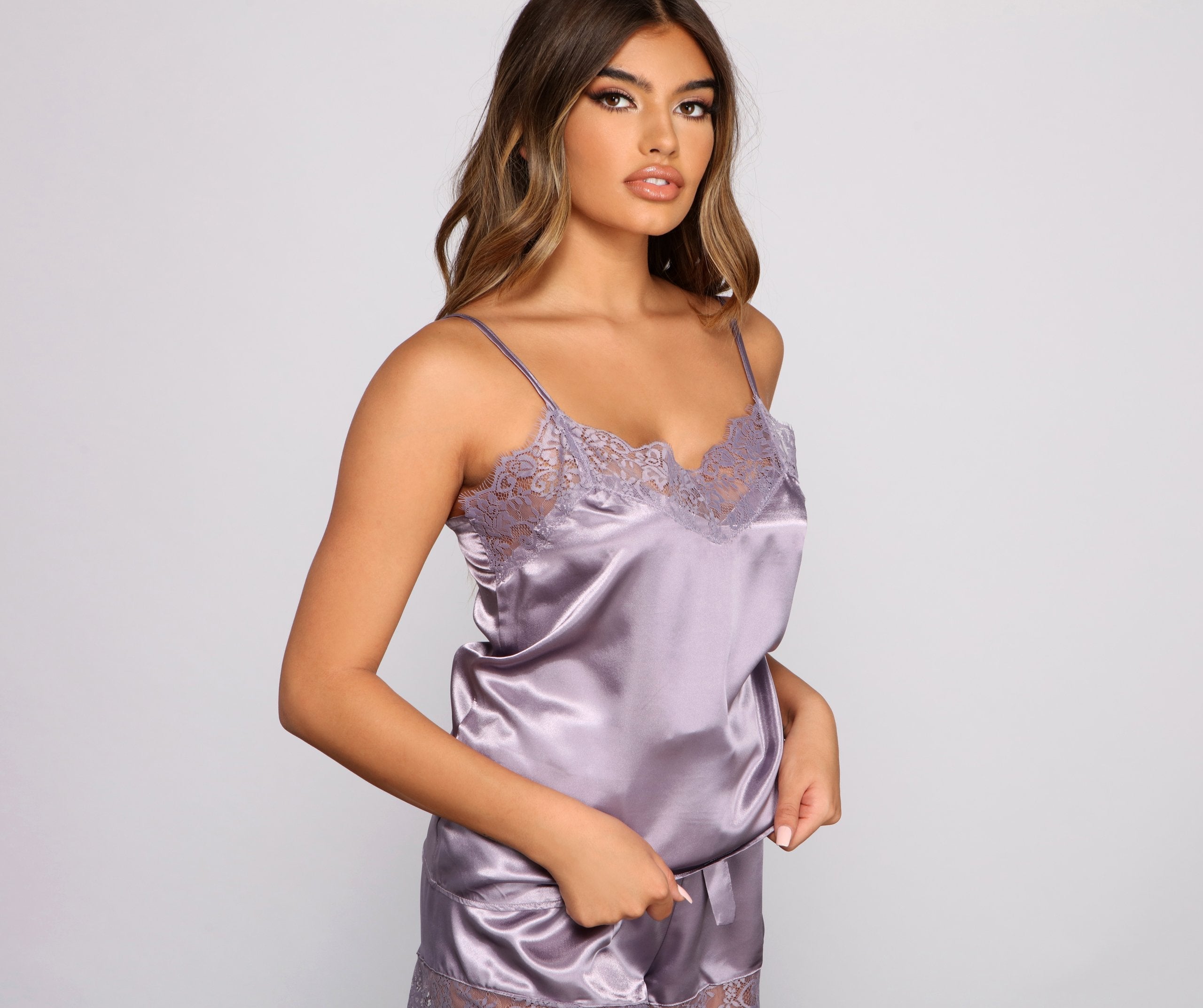 Luxe Satin Lace Trim Pajama Tank And Short Set - Lady Occasions