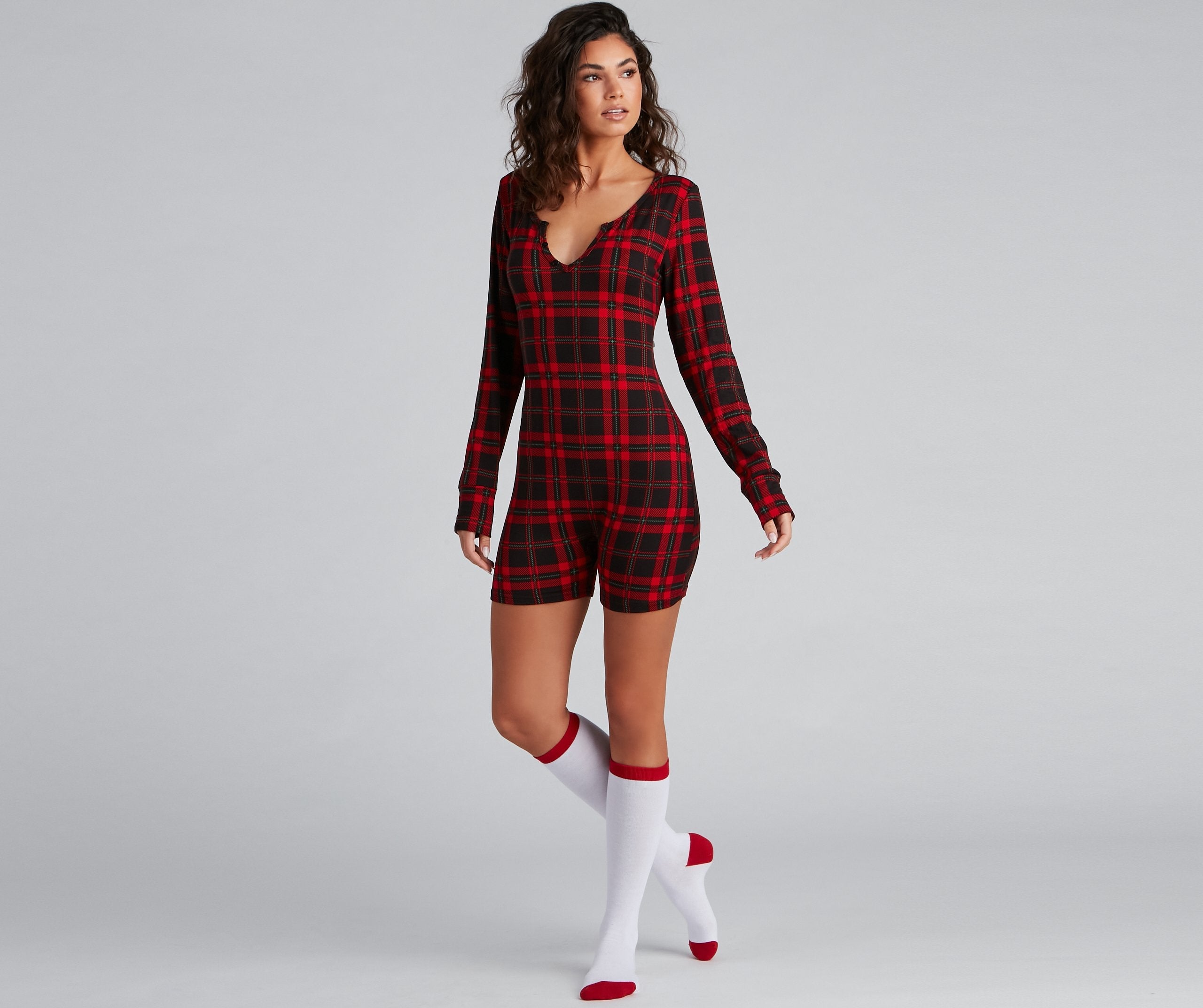 Plaid Pajama Romper And Socks Set - Lady Occasions