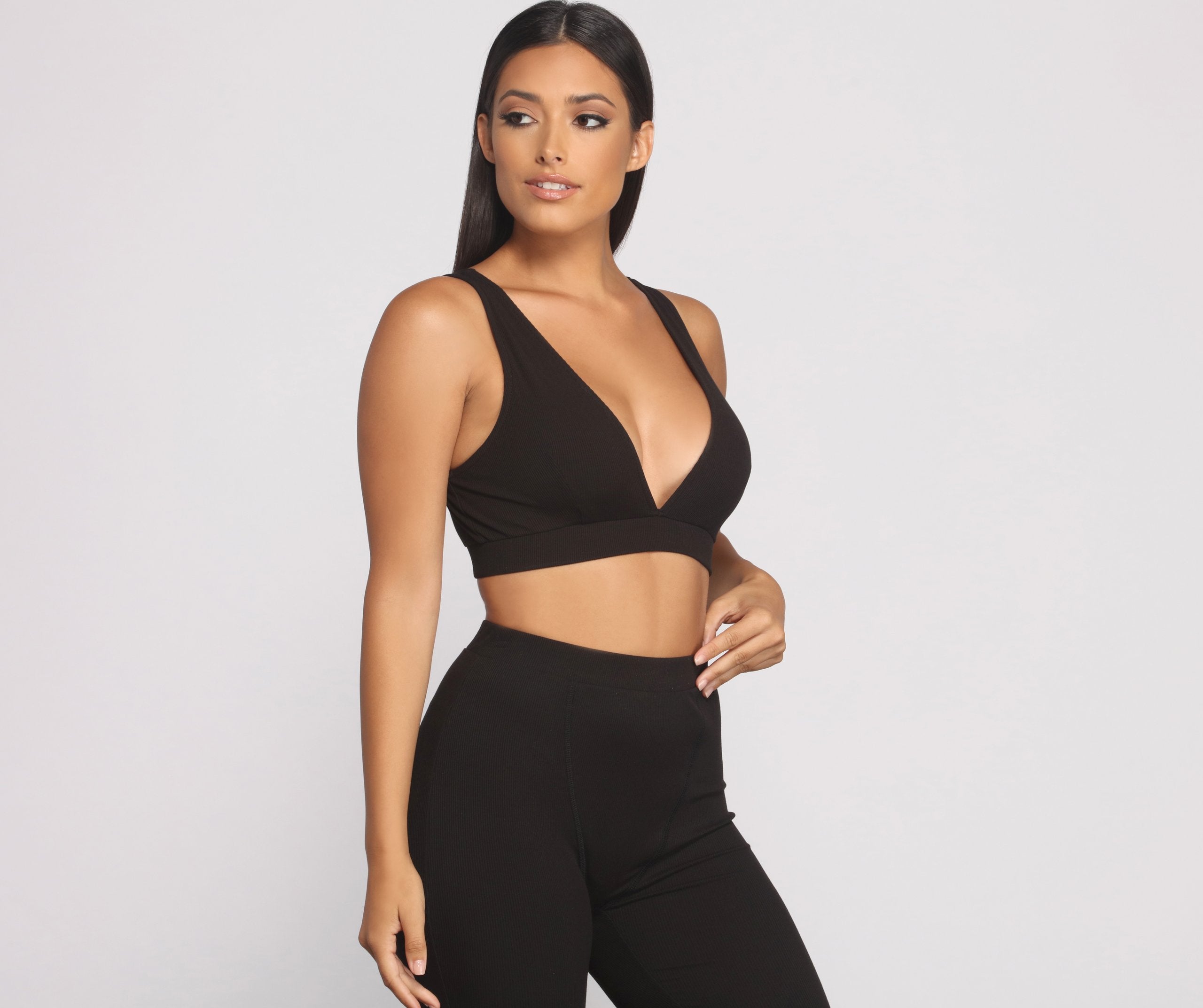 Plunging V Neck Ribbed Bralette - Lady Occasions