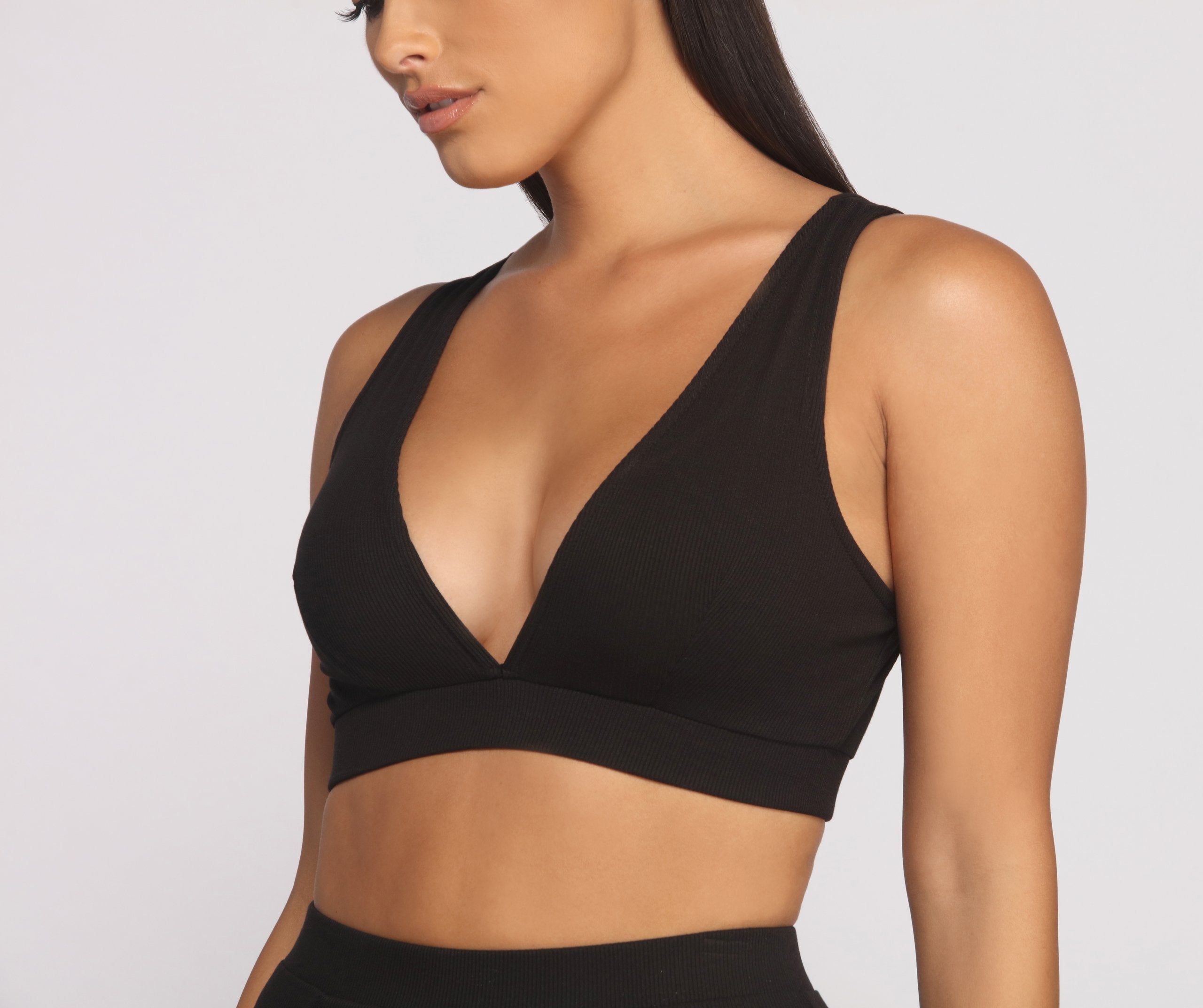 Plunging V Neck Ribbed Bralette - Lady Occasions