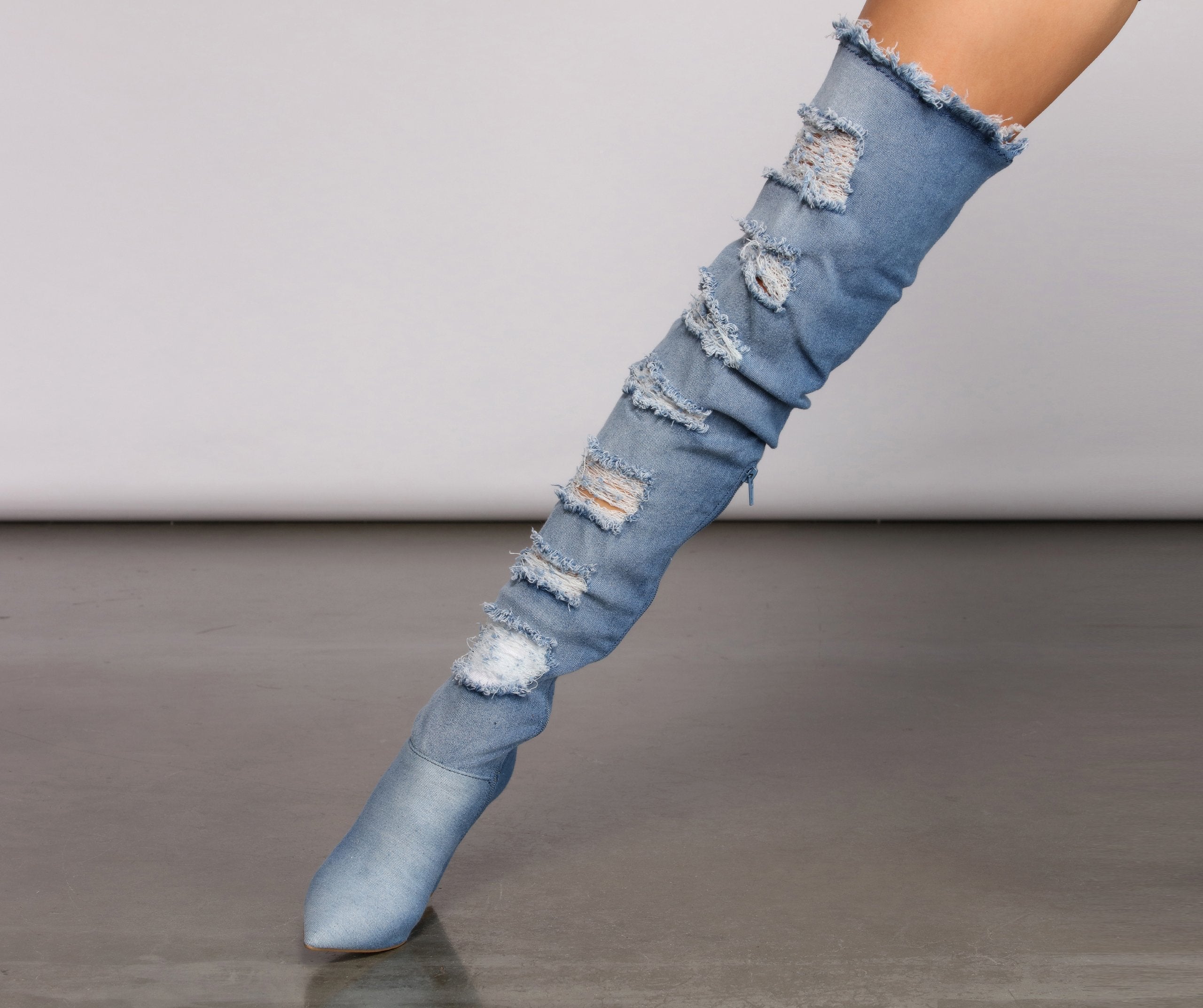 Destructed Denim Over The Knee Heeled Boots - Lady Occasions