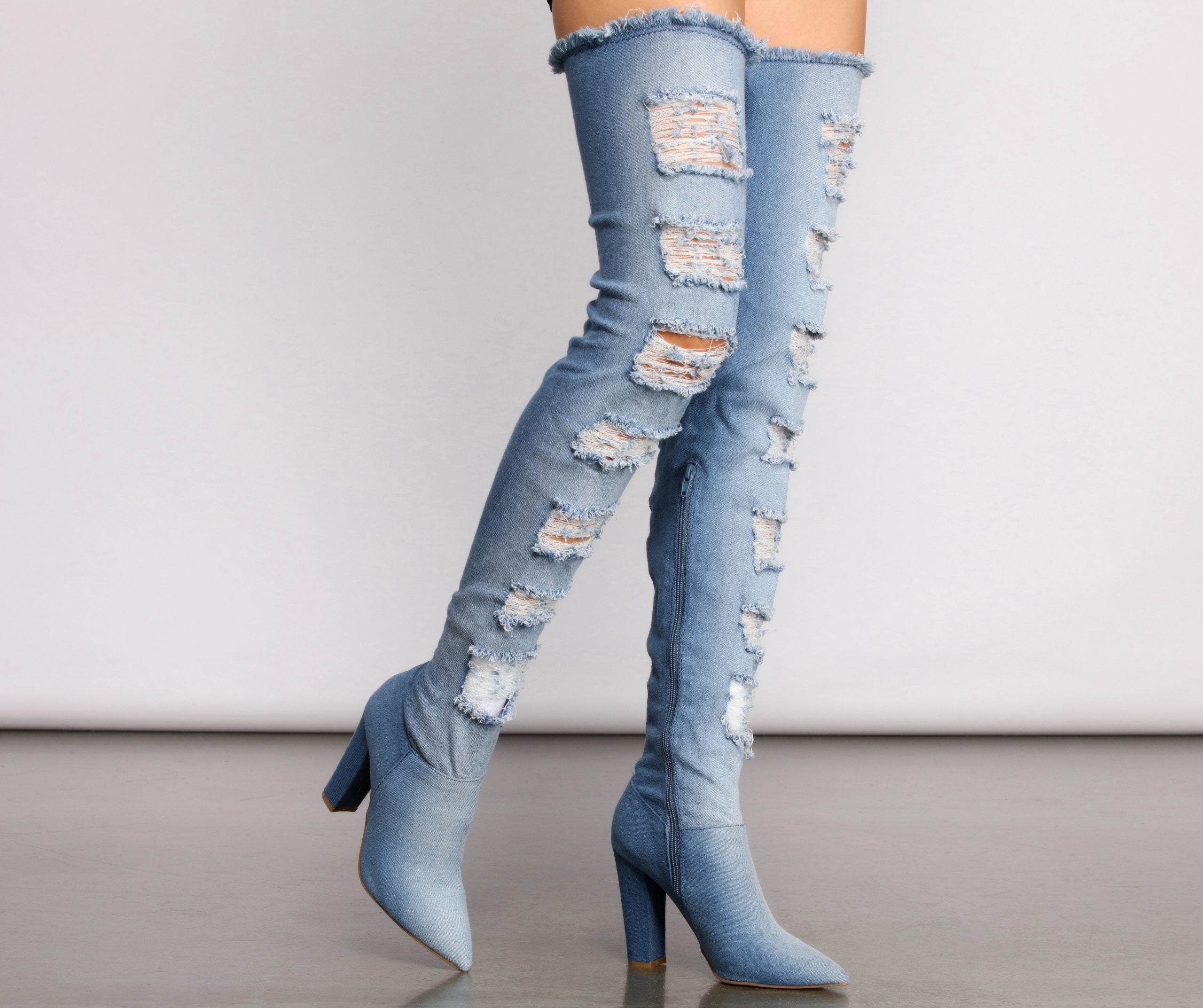 Destructed Denim Over The Knee Heeled Boots - Lady Occasions