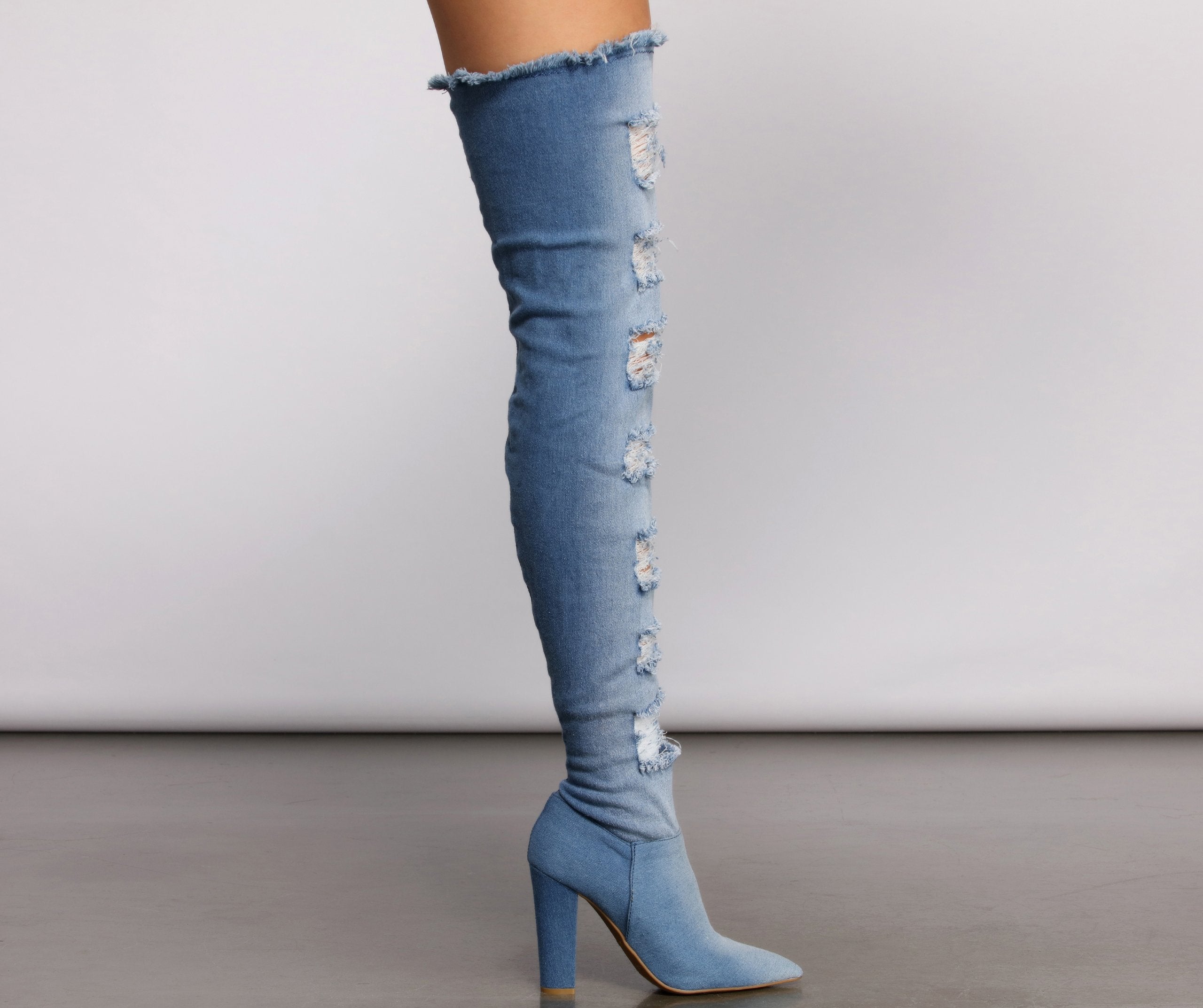 Destructed Denim Over The Knee Heeled Boots - Lady Occasions