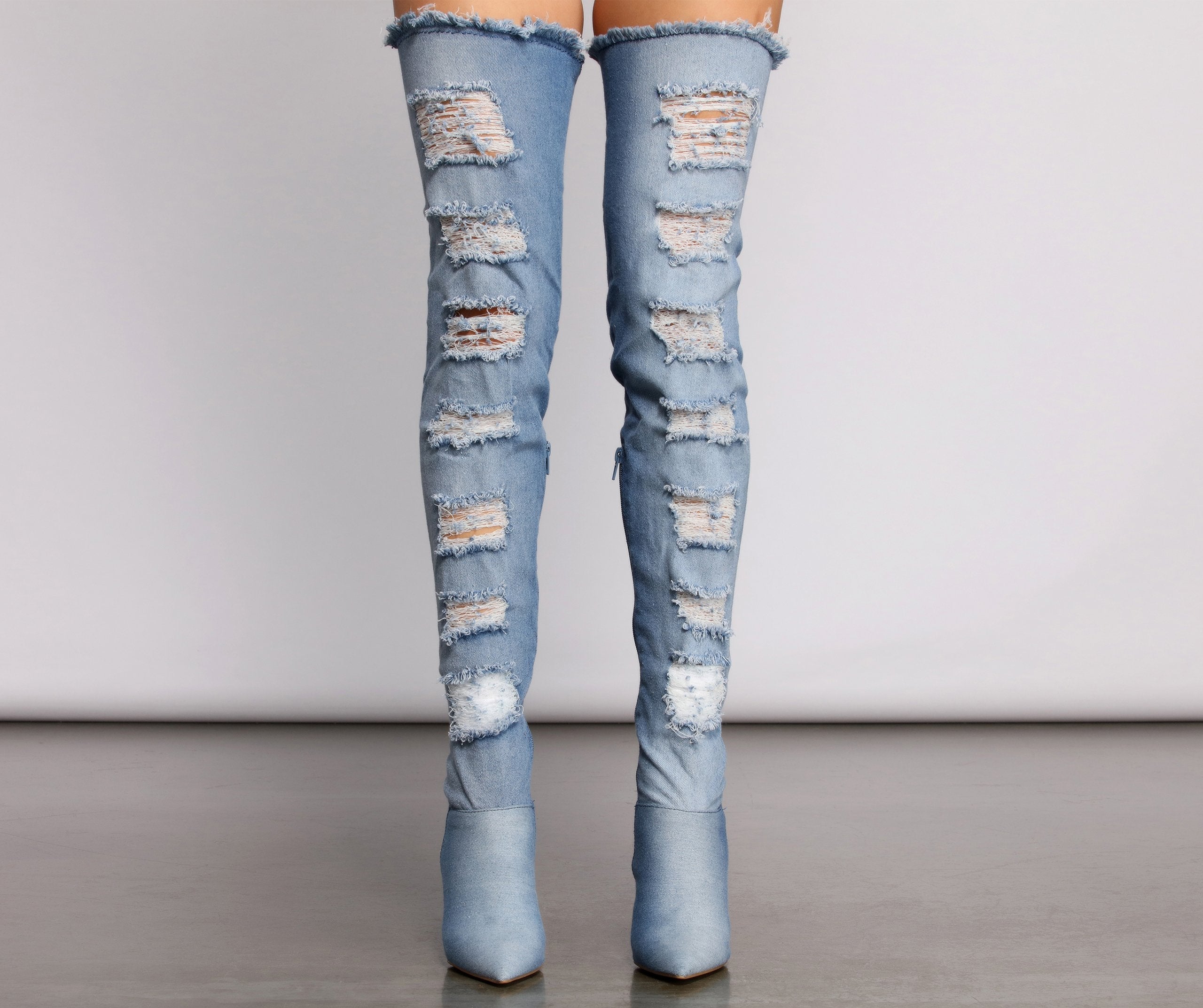 Destructed Denim Over The Knee Heeled Boots - Lady Occasions