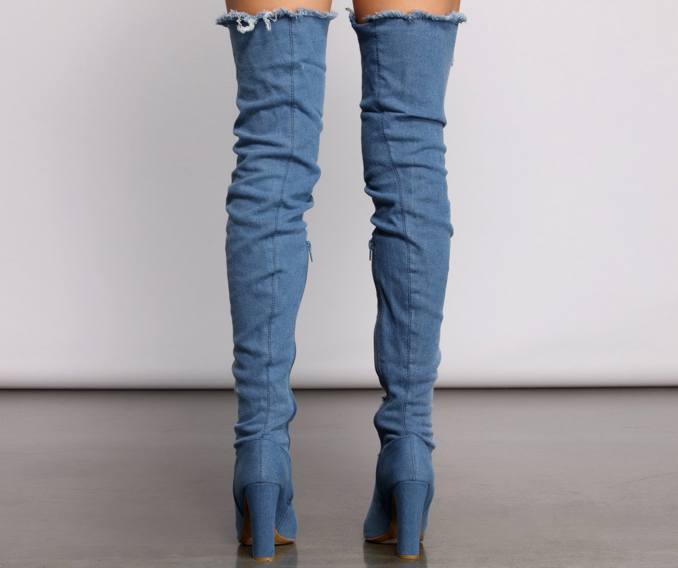 Destructed Denim Over The Knee Heeled Boots - Lady Occasions