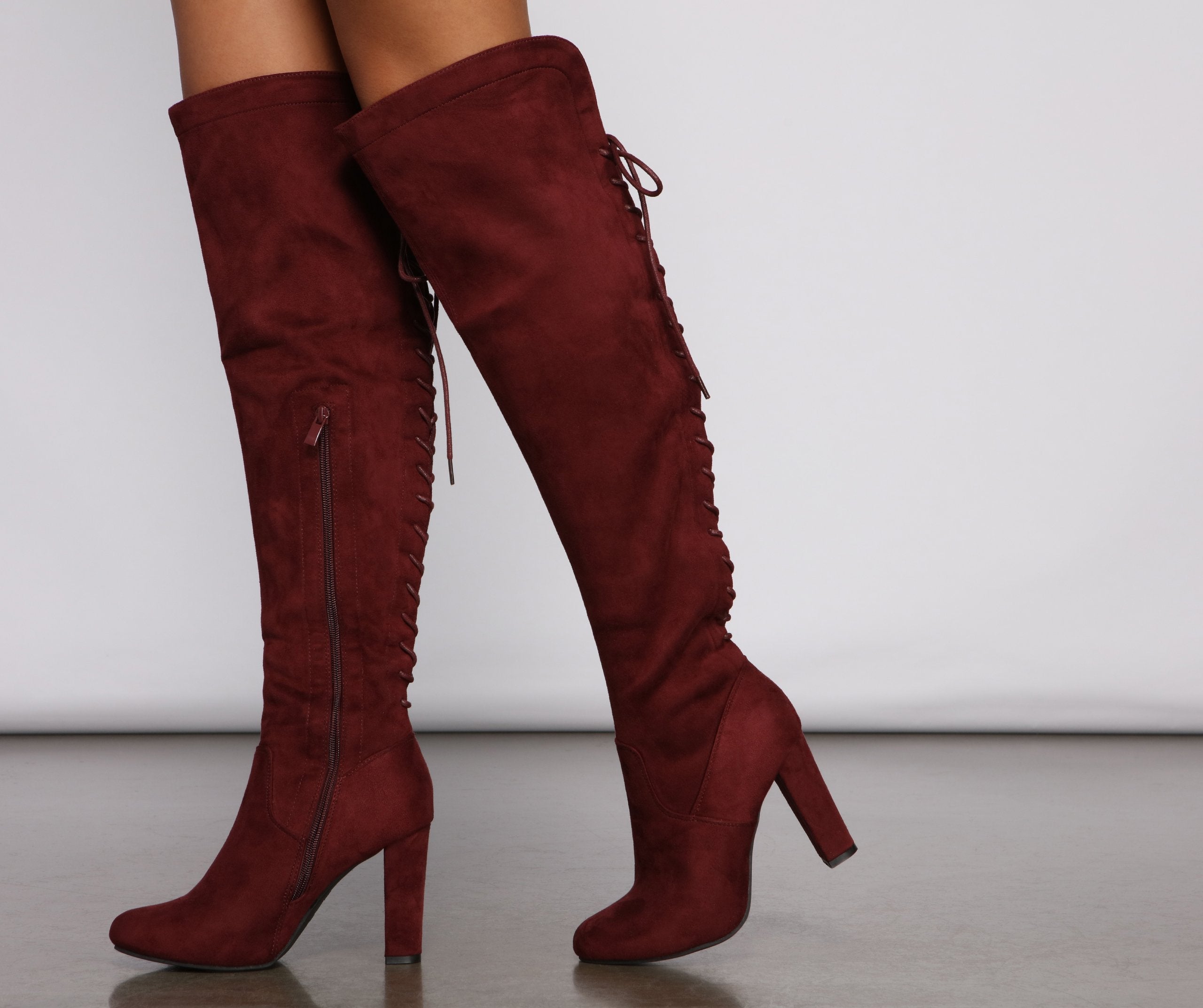 Lace Back Over The Knee Block Heeled Boots - Lady Occasions