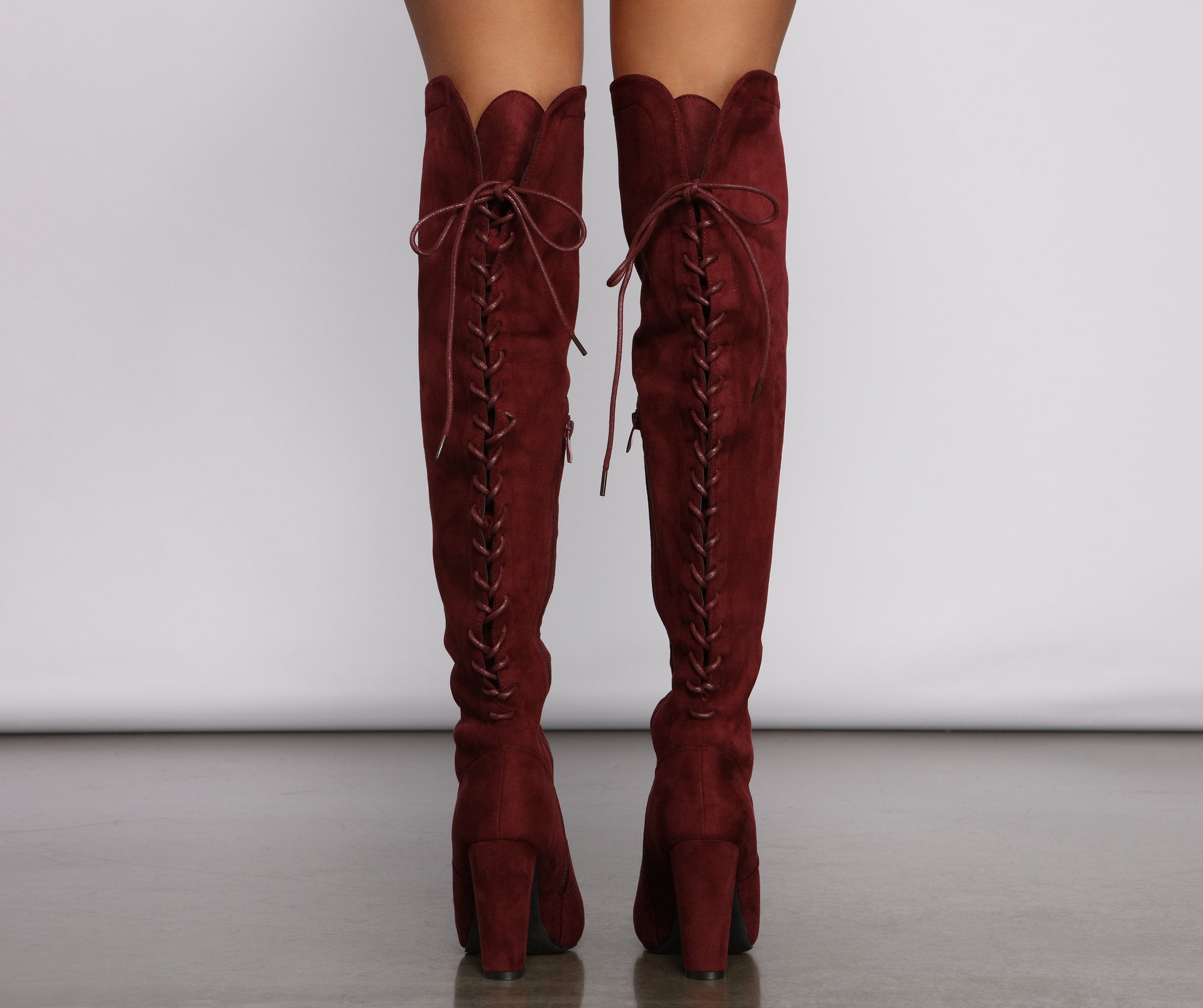 Lace Back Over The Knee Block Heeled Boots - Lady Occasions