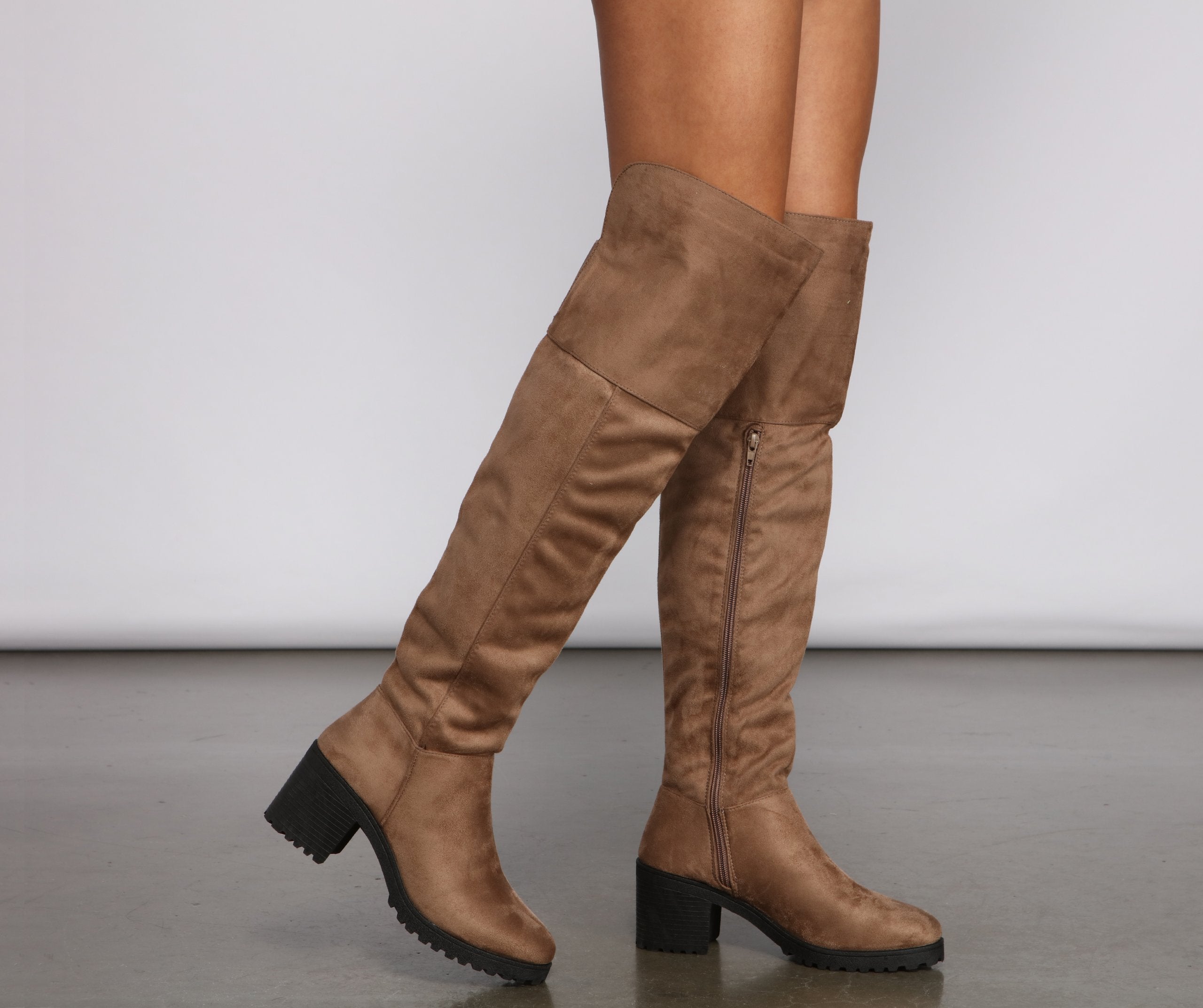 Faux Suede Over The Knee Lug Sole Boots - Lady Occasions