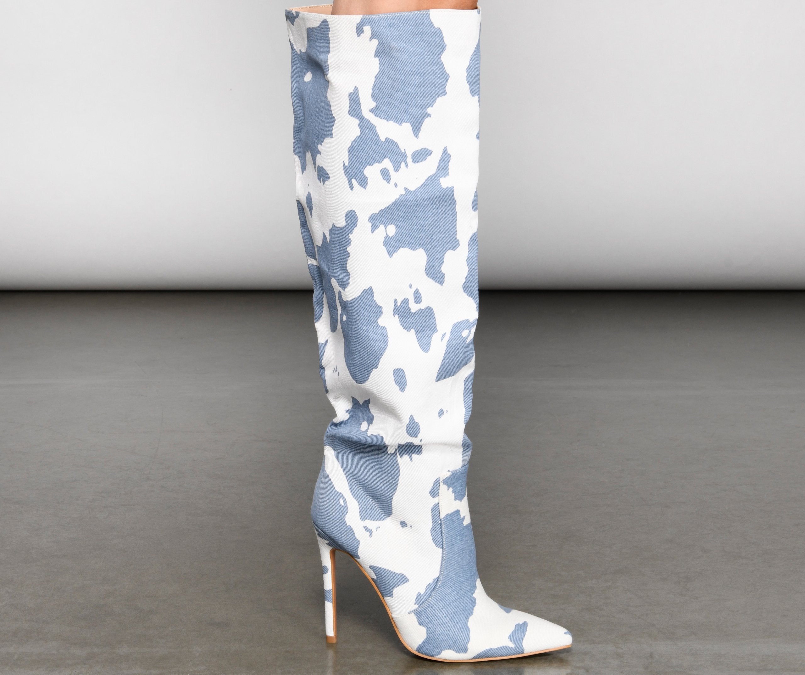 Moo Over Denim Knee-High Stiletto Boots - Lady Occasions