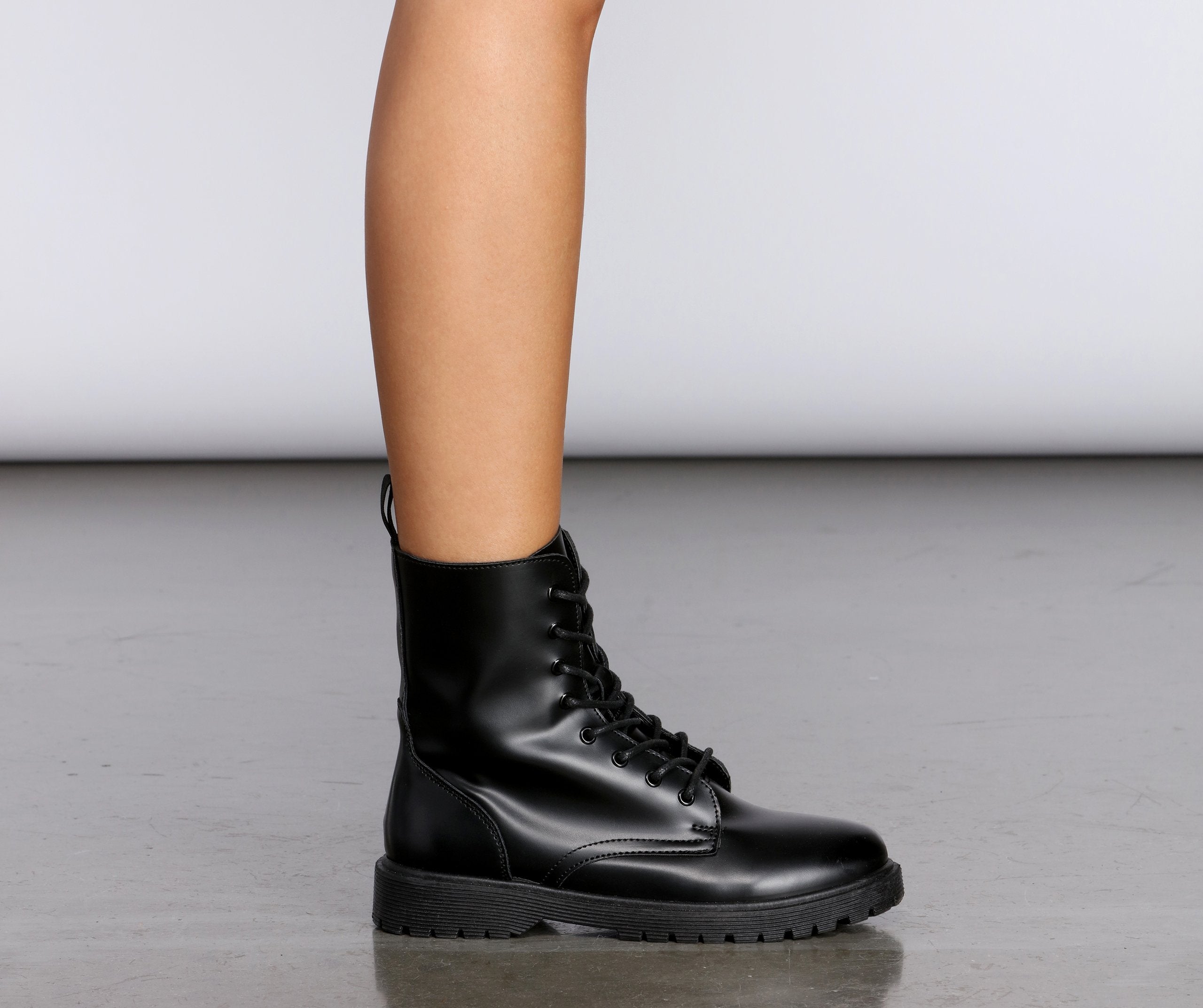 Faux Leather Lace-Up Combat Boots - Lady Occasions