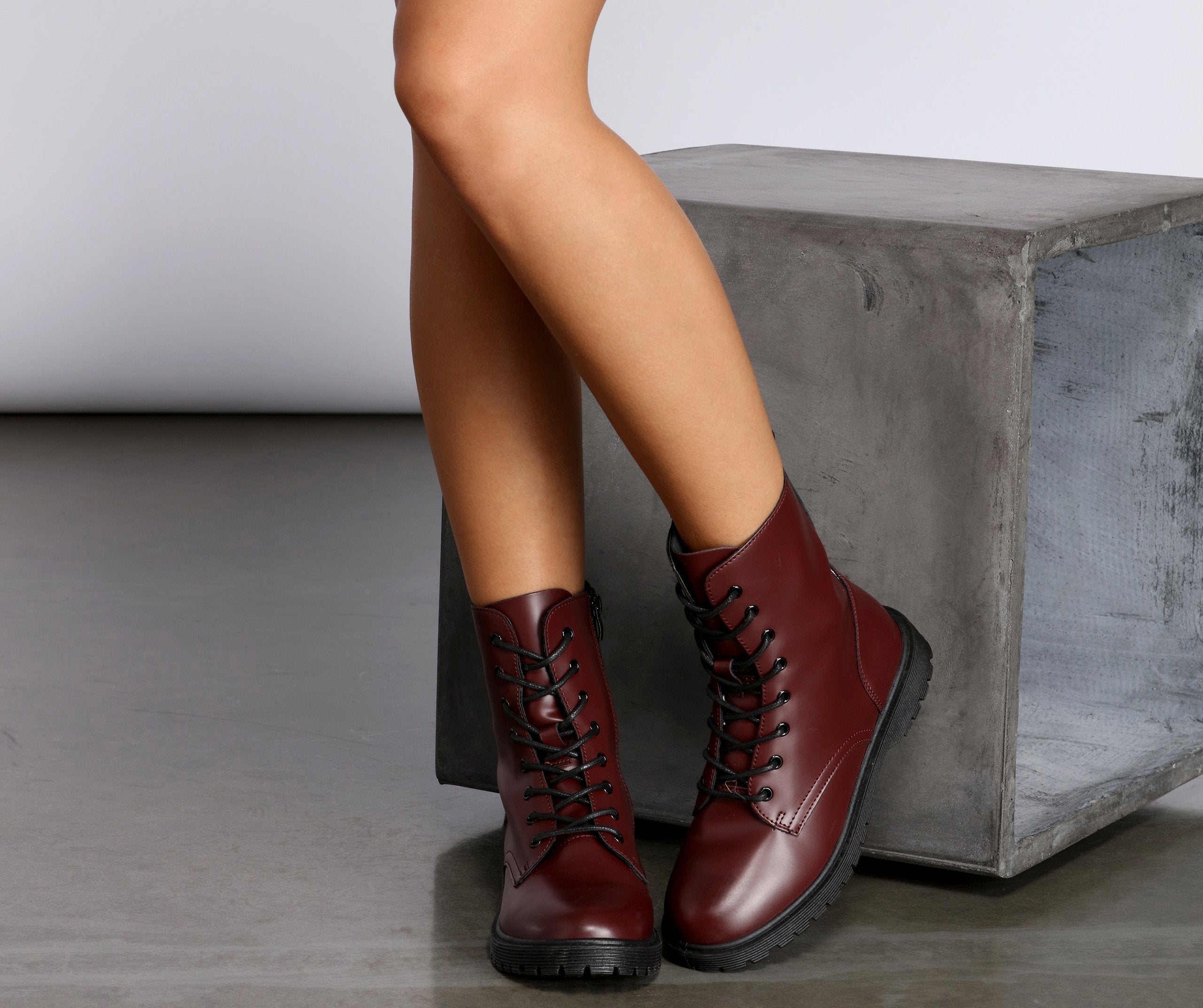 Faux Leather Lace-Up Combat Boots - Lady Occasions