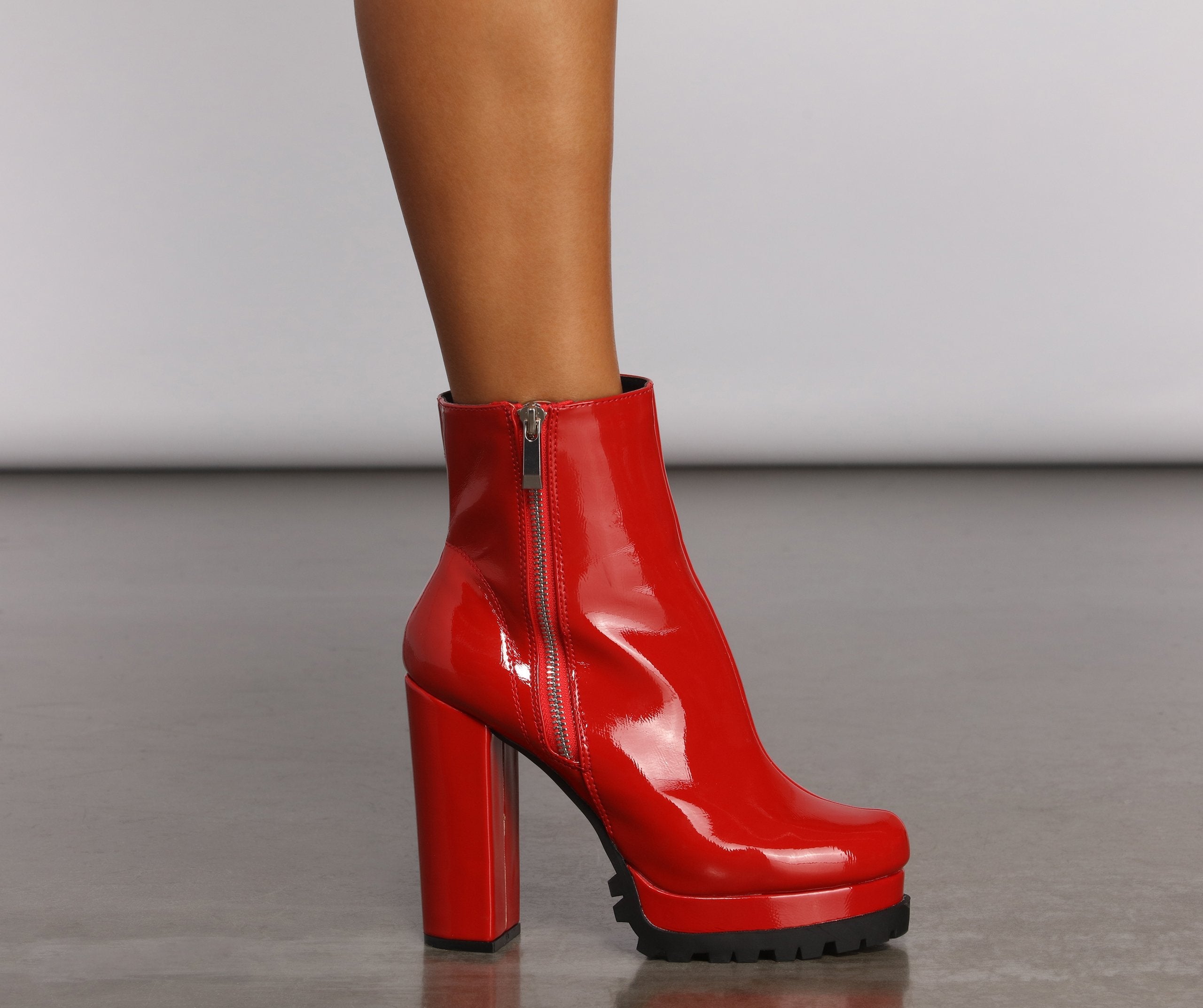 Red Hot Faux Patent Leather Lug Booties - Lady Occasions