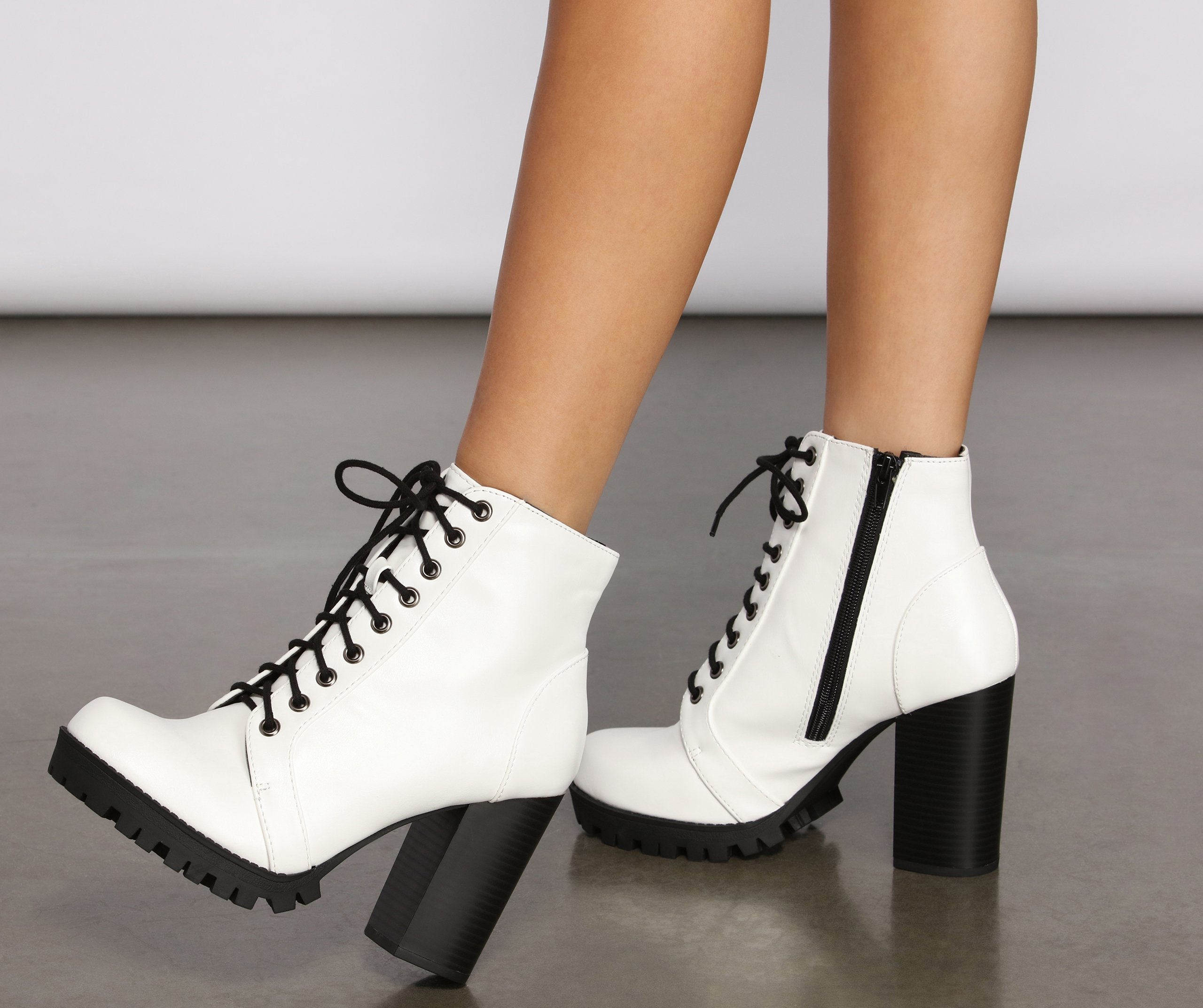 Faux Leather Lace Up Lug Booties - Lady Occasions