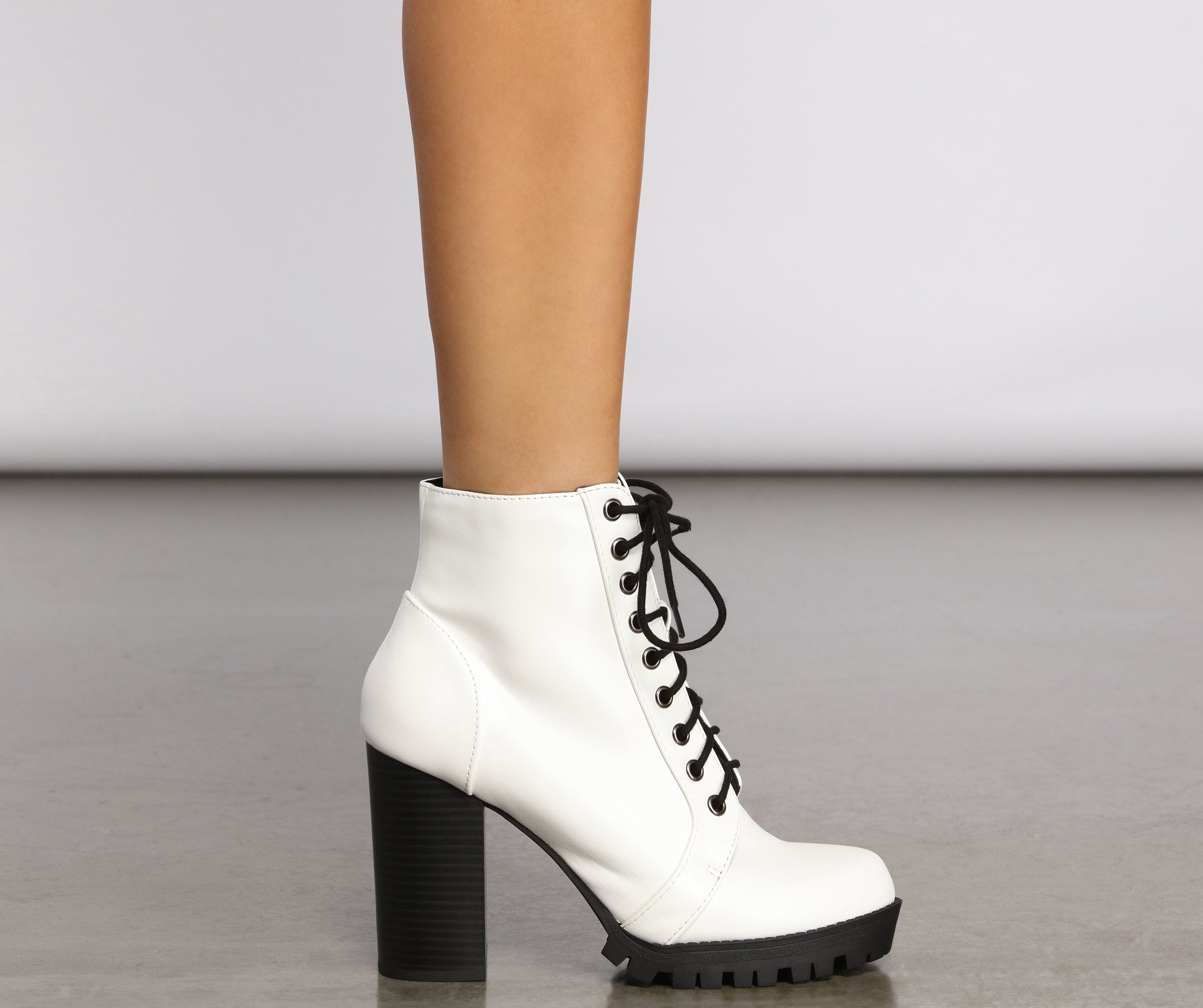 Faux Leather Lace Up Lug Booties - Lady Occasions