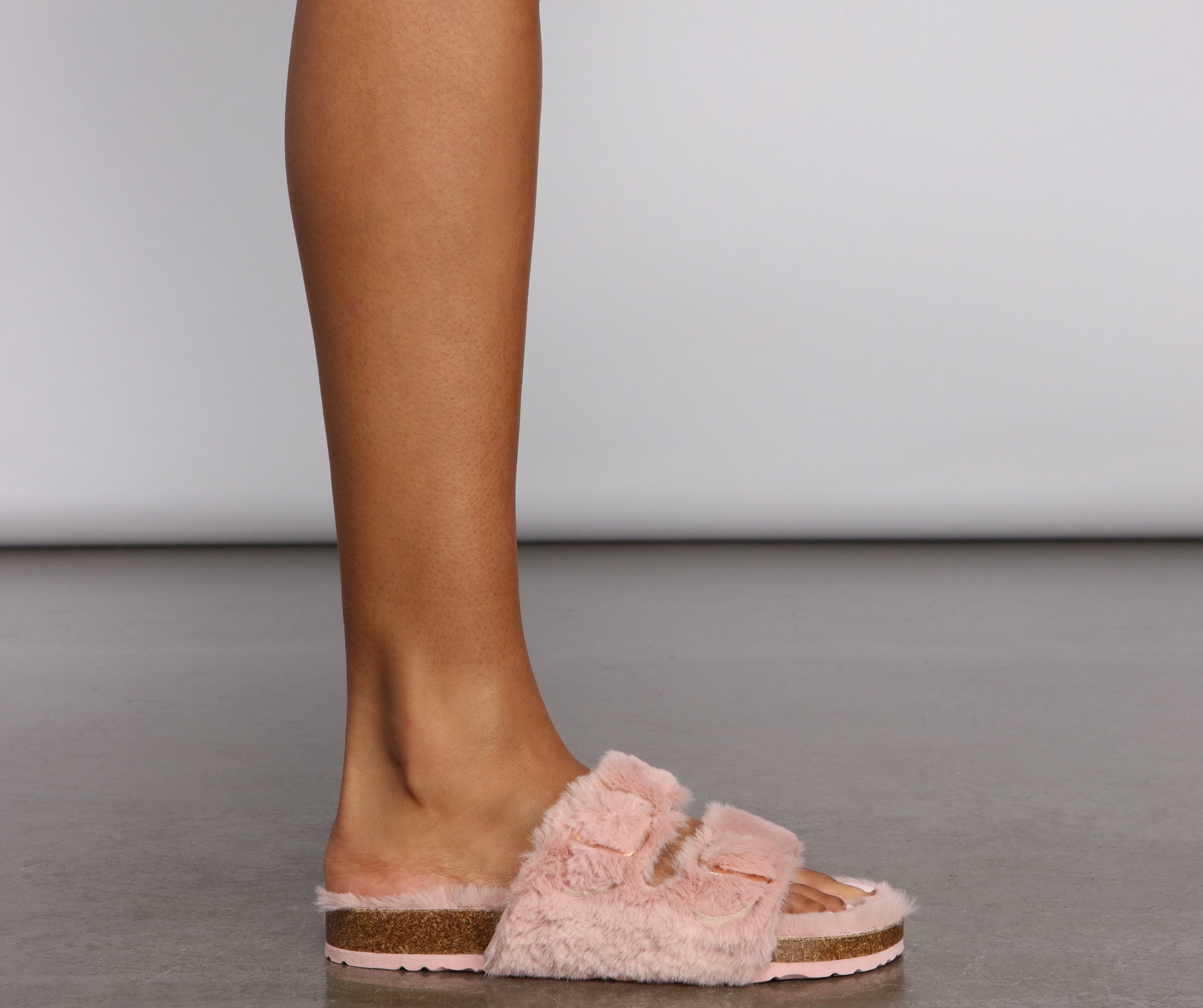 Double Buckle Faux Fur Slippers - Lady Occasions