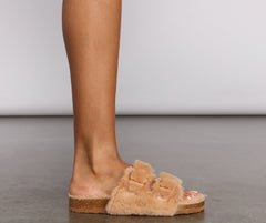 Double Buckle Faux Fur Slippers - Lady Occasions