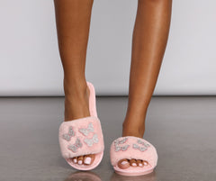 Faux Fur Embroidered Butterfly Slippers - Lady Occasions