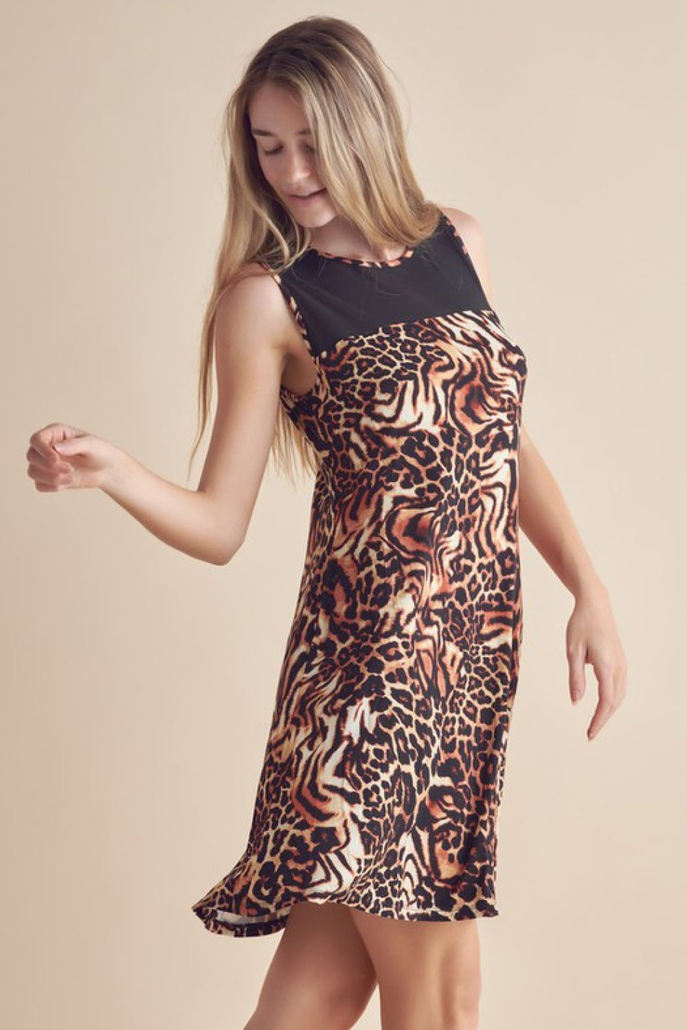 Yelete Full Size Animal Print Round Neck Sleeveless Dress with Pockets