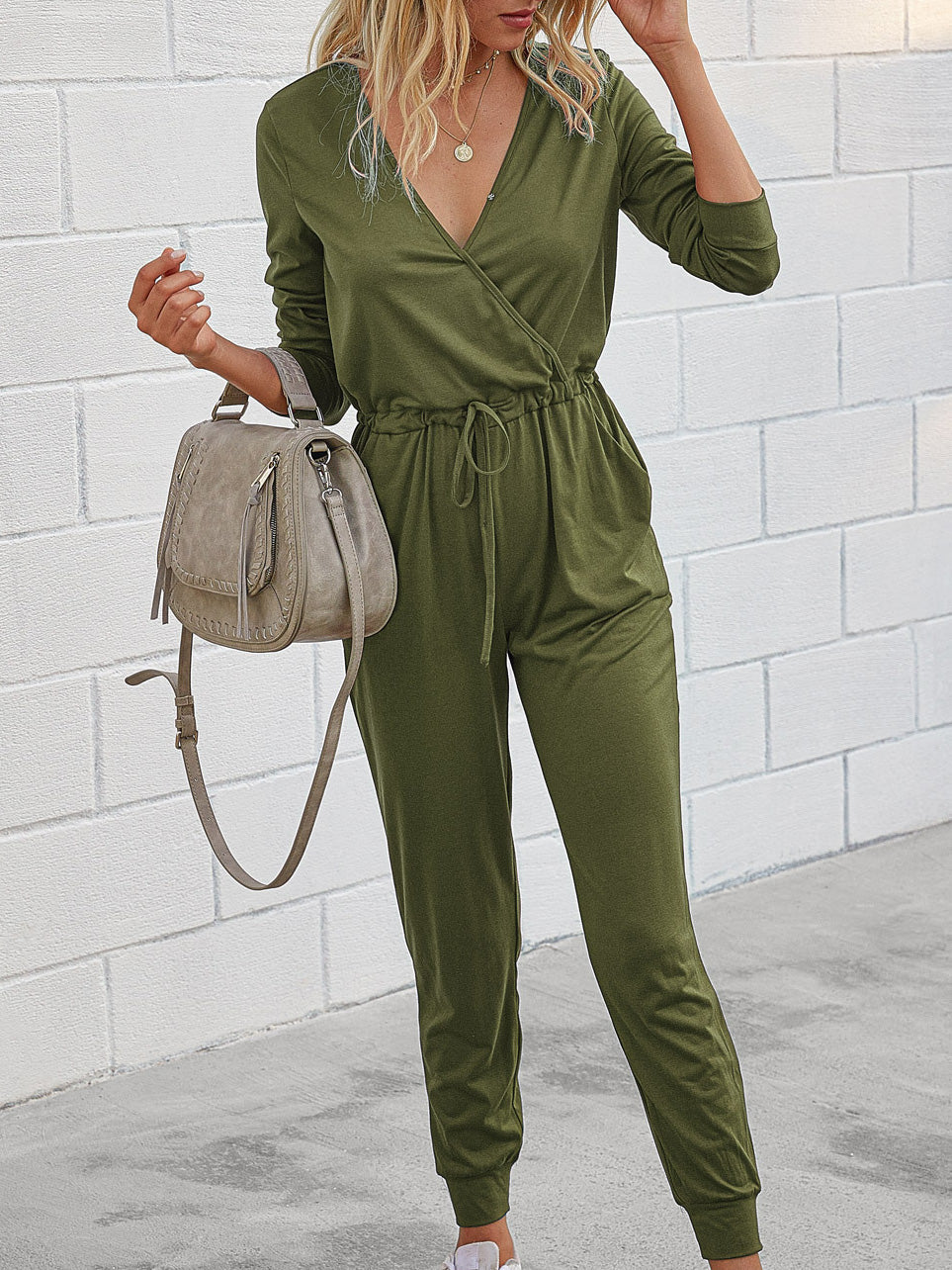 Deep V-Neck Long Sleeve Slim Fit Jumpsuit