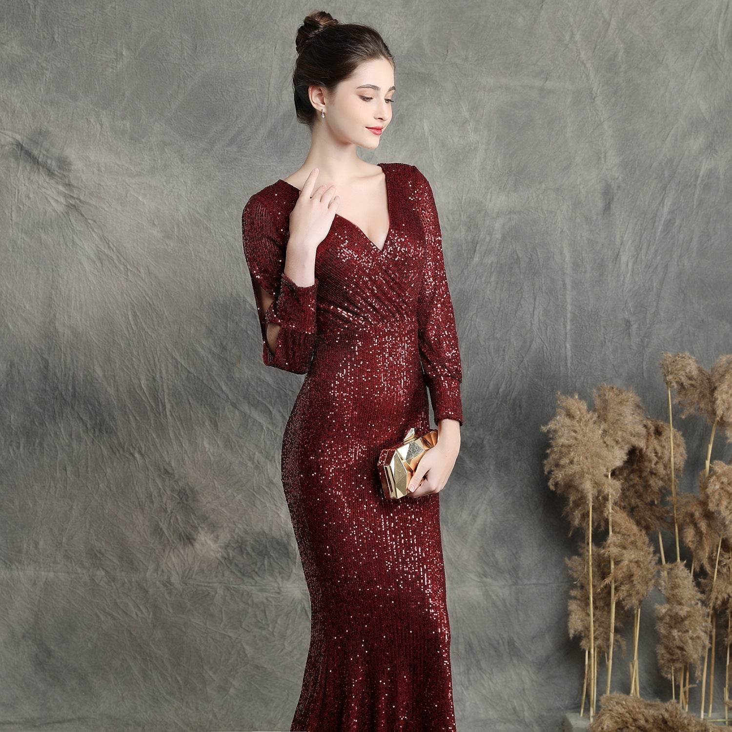 Ella long-sleeve sequined formal fishtail dress - Lady Occasions