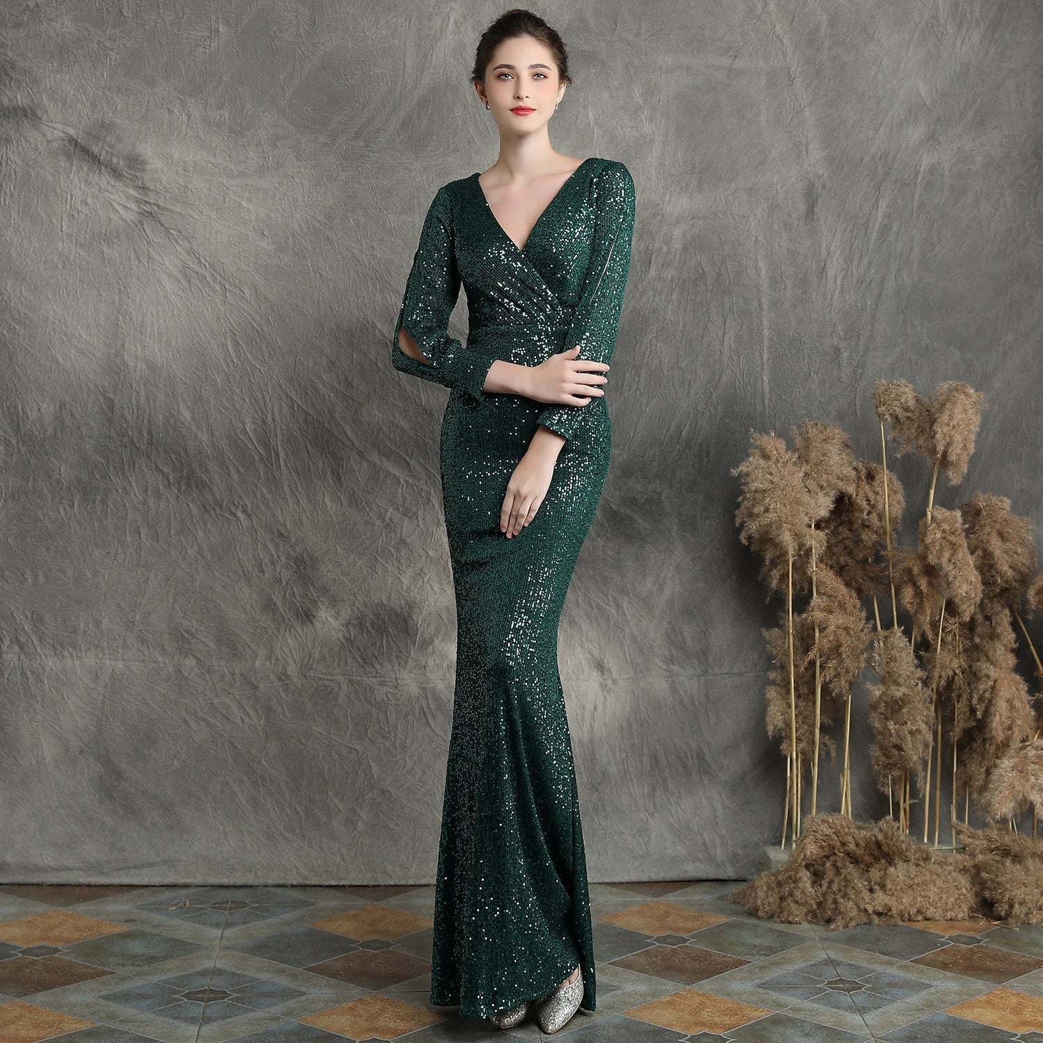 Ella long-sleeve sequined formal fishtail dress - Lady Occasions
