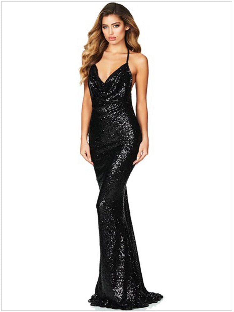 Haven Formal Sequin Scroll Halter Dress