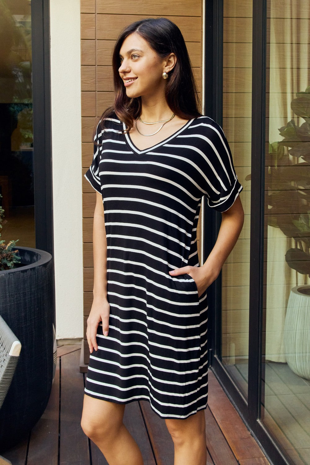 Zenana Full Size Striped V-Neck Pocket Dress in Black/Ivory