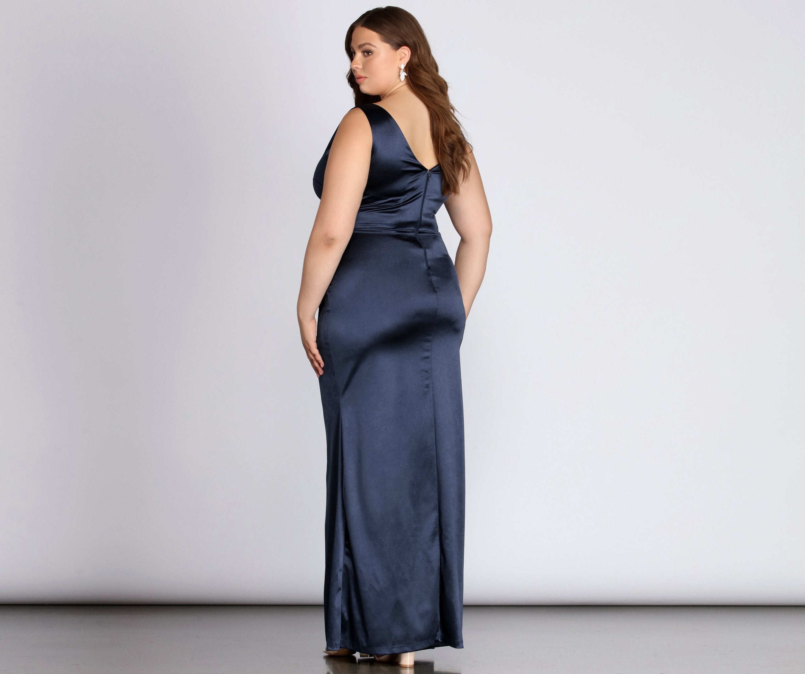 Plus Evelyn Formal Wrap Satin Dress - Lady Occasions