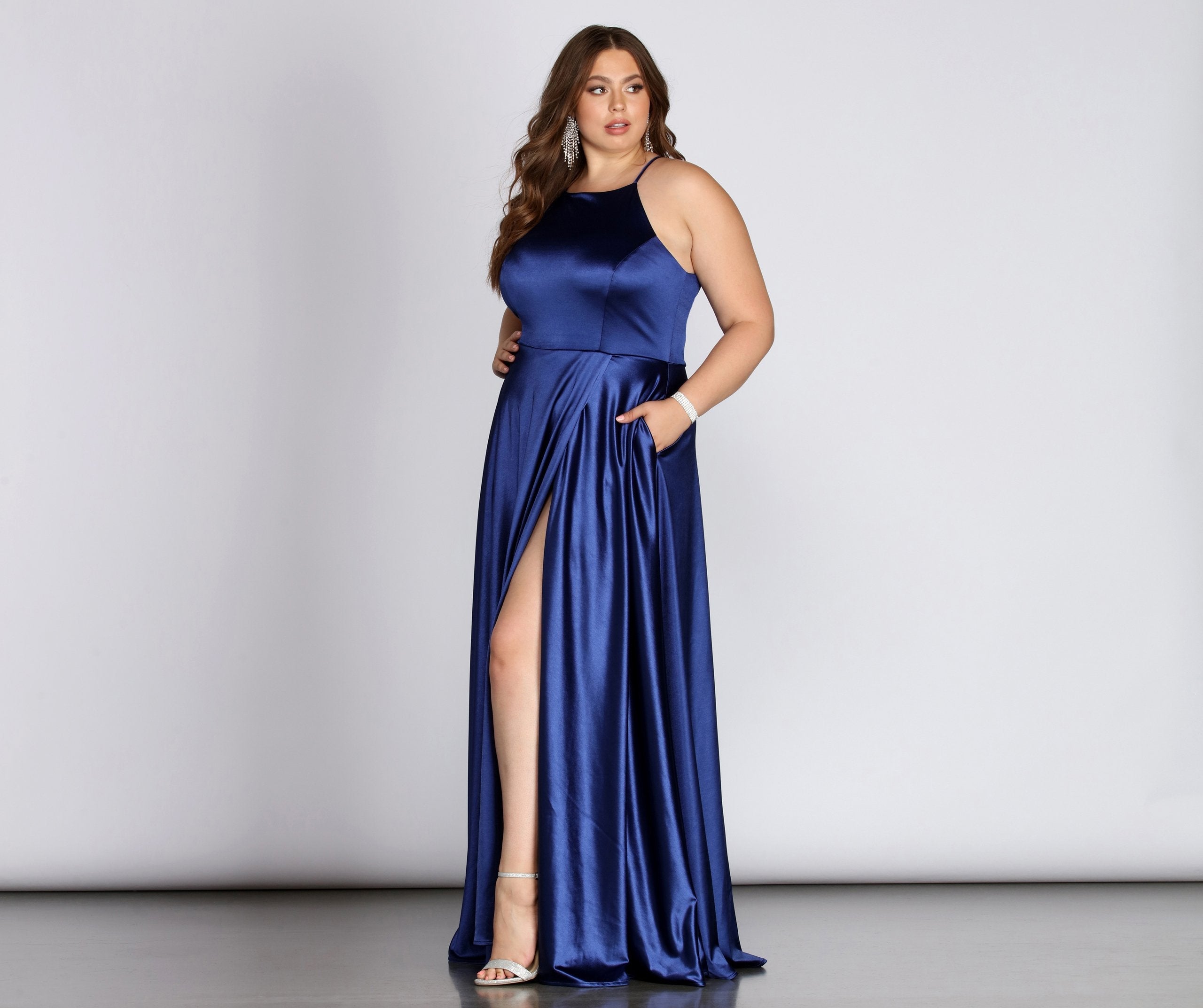 Plus Gabrielle Formal High Slit Satin Dress - Lady Occasions