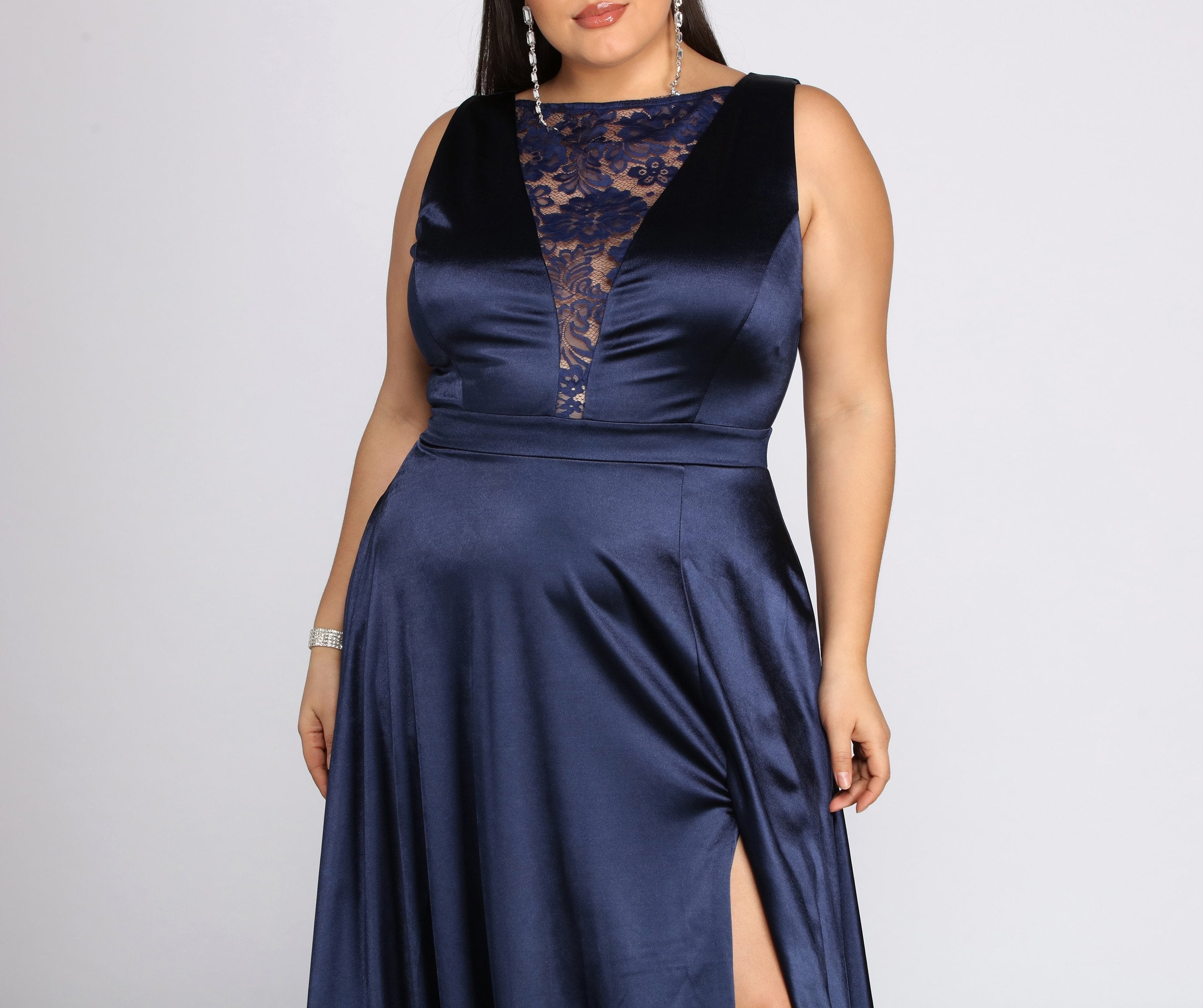 Plus Charlene Formal Satin Lace Dress - Lady Occasions