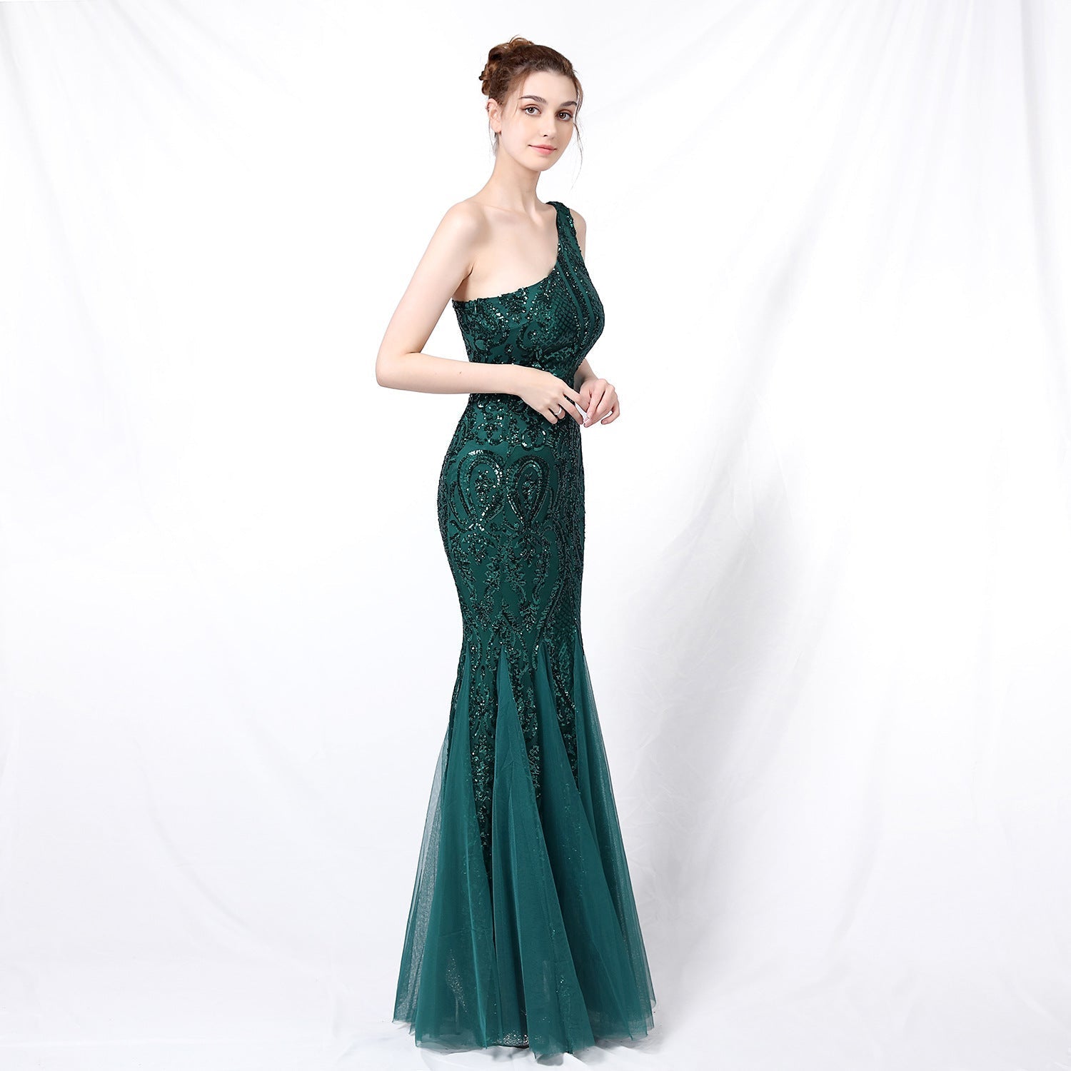 Emily formal one-shoulder sequined mesh fishtail dress - Lady Occasions